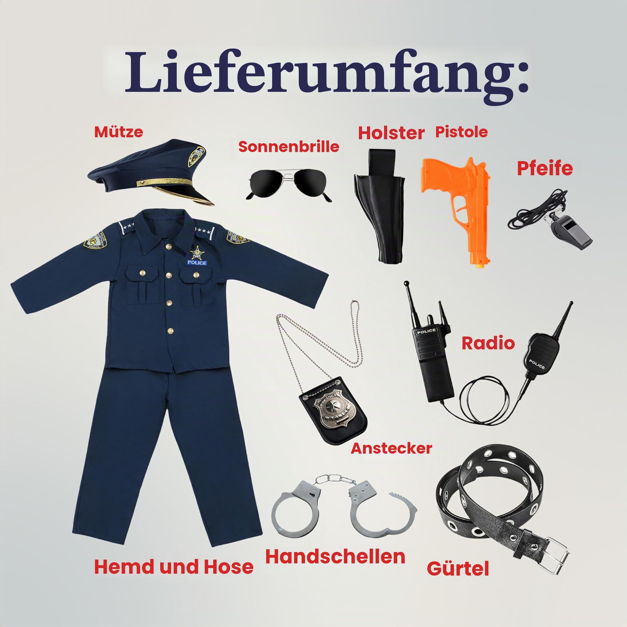Dress Up America Polizeikostüm für Jungen – Hemd, Hose, Hut, Gürtel, Trillerpfeife, Pistolenhalfter und Walkie-Talkie-Cop-Set, Blau