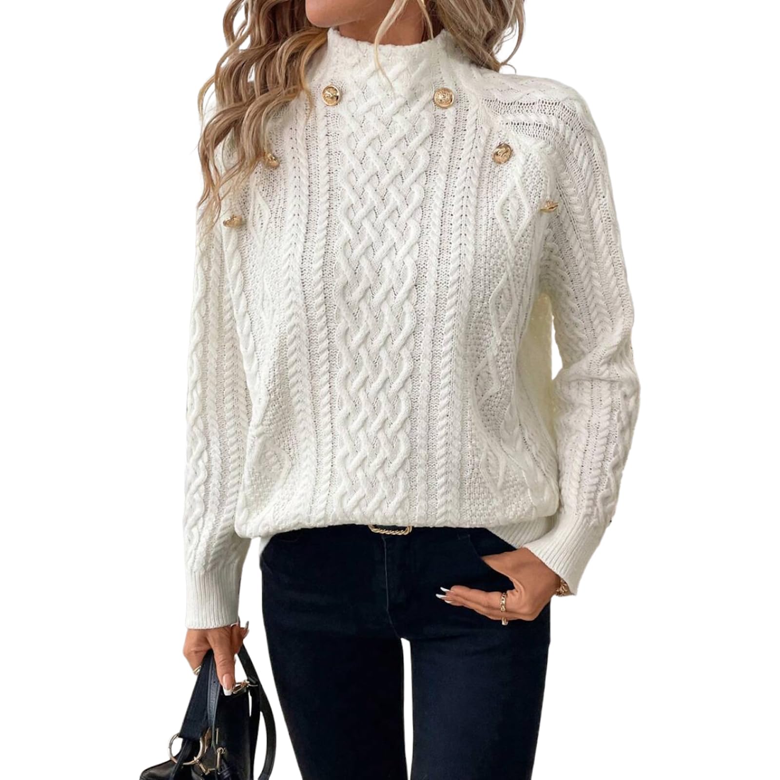 Womens 2025 Winter Fall Solid Color High Neck Long Sleeve Wram Sweaters Button Cable Knit Pullover Outerwear