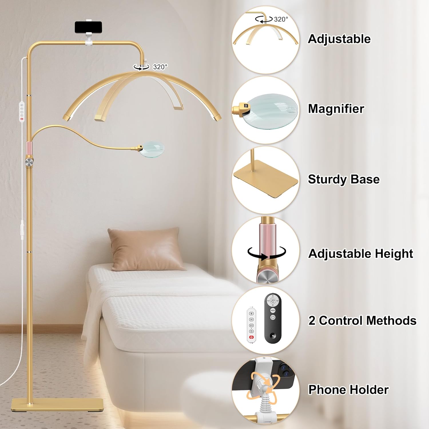 AURELLE Half Moon Lash Light - Adjustable LED Floor Lash Lamp with 4X Magnifier & Phone Holder for Eyelash Extensions,Nail Art,Tattoo,Skincare,Salon SPA-Dimmable Brightness,Rotating Head, Gold