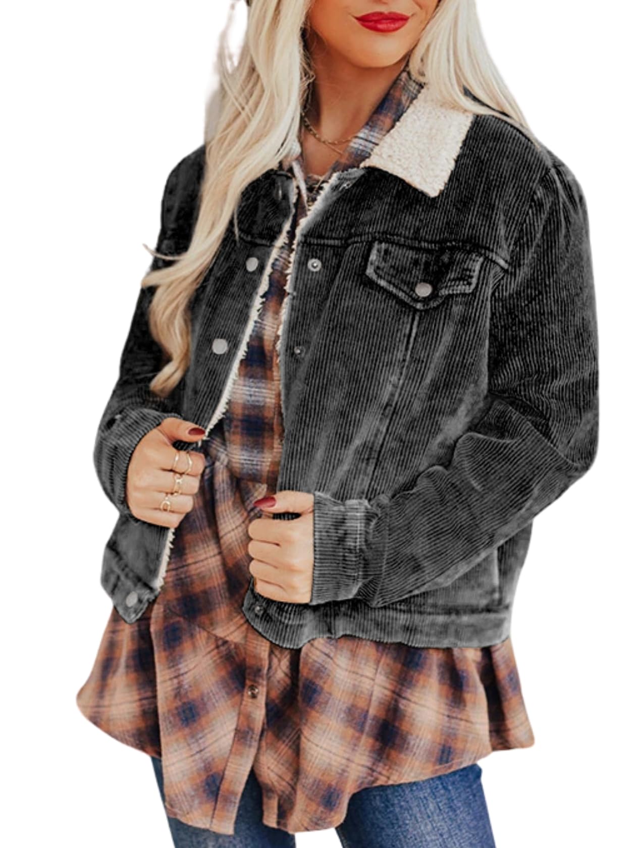 Fleece Lined Cord Jacket Fur Collar Outerwear Fleece Lined - Main Image