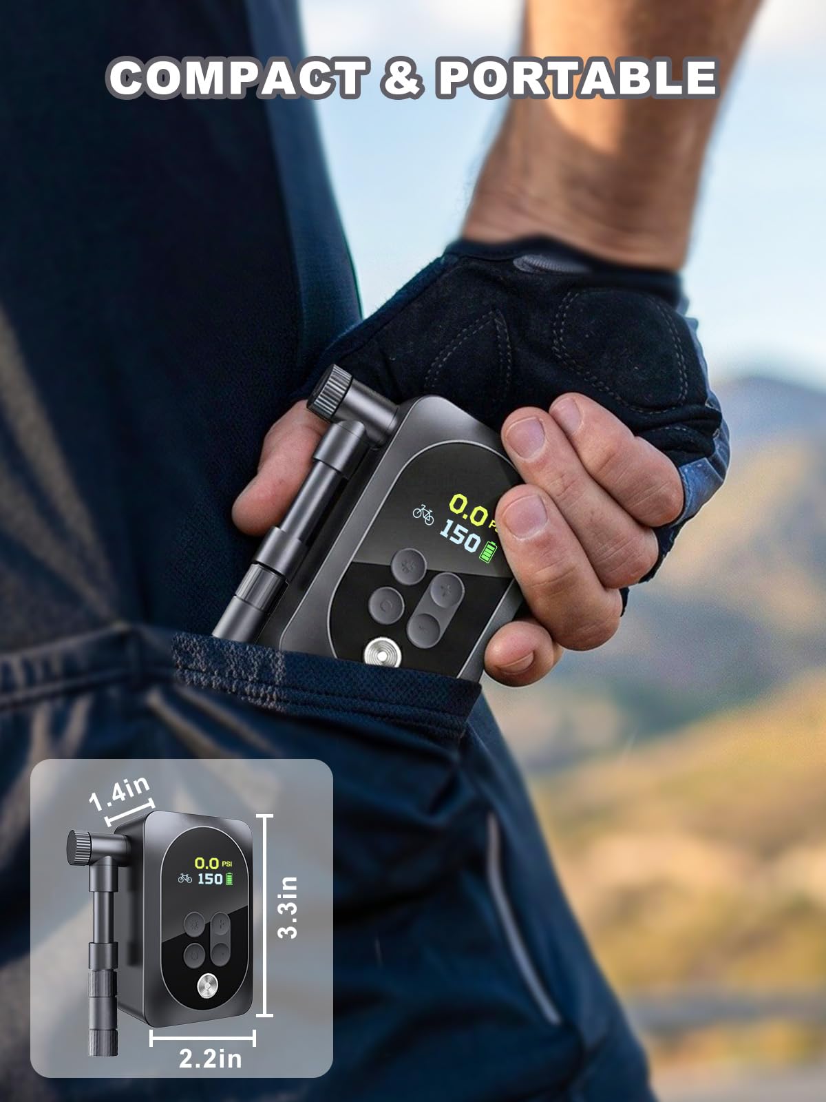 Mini pompe à vélo électrique portable 150 PSI avec jauge précise, arrêt automatique, gonflage rapide pour valves Presta et Schrader – Convient pour vélos, motos, ballons de sport