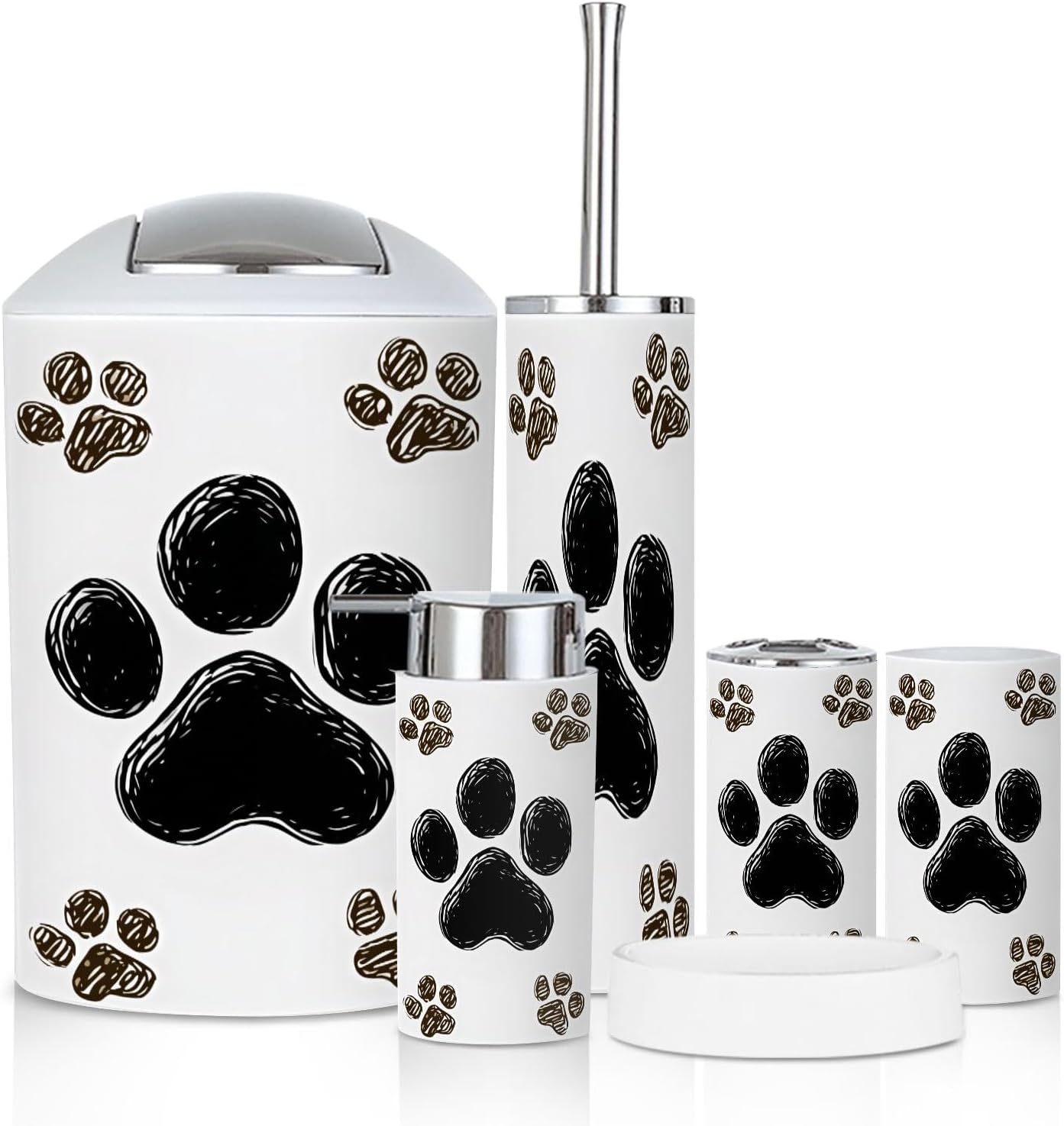 Bathroom Accessory Set 6 Piece paw French Foot Doodle Trash can, Toothbrush Holder, Soap Dispenser, Soap Dish, Toothbrush Cup, Toilet Brush Holder