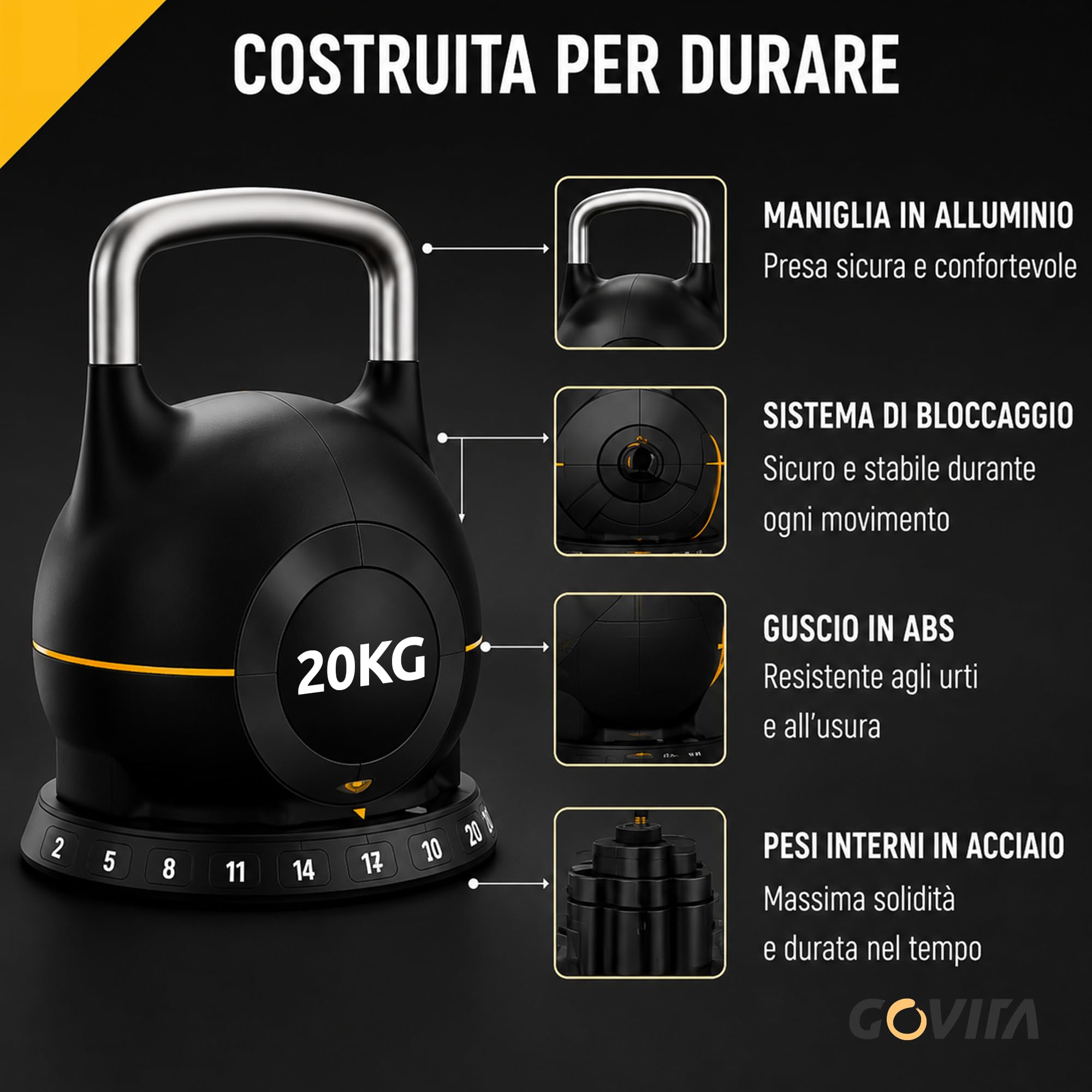 Kettlebell Regolabile 20 kg, 7 Pesi in 1 da 2 a 20 kg, Manubrio Regolabile per Home Gym, Cross Training, Functional Training, Fitness, Body Building e Allenamento della Forza
