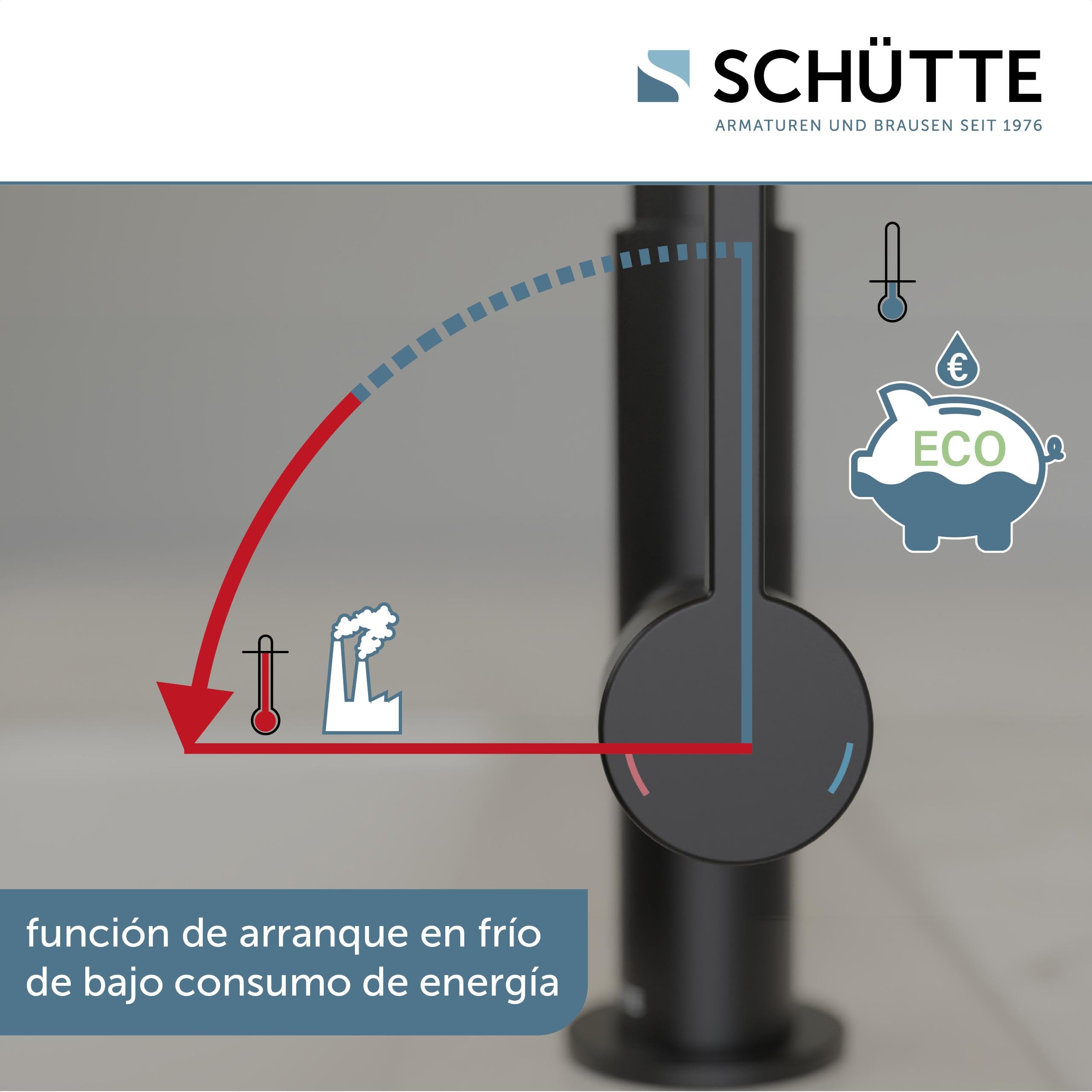 SCHÜTTE GLASGOW 79586 - Grifo flexible para fregadero con función Eco-Click, grifo flexible para la cocina negro, caño con manguera de tacto suave, giratorio 360 grados, grifo de cocina