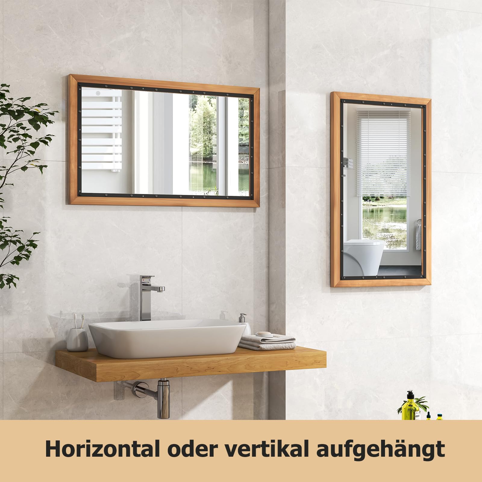 GOPLUS Lustro ścienne, dekoracyjne lustro z drewnianą ramą, prostokątne lustro, wiszące lustro do salonu, łazienki i korytarza, naturalne (55 x 90 cm)