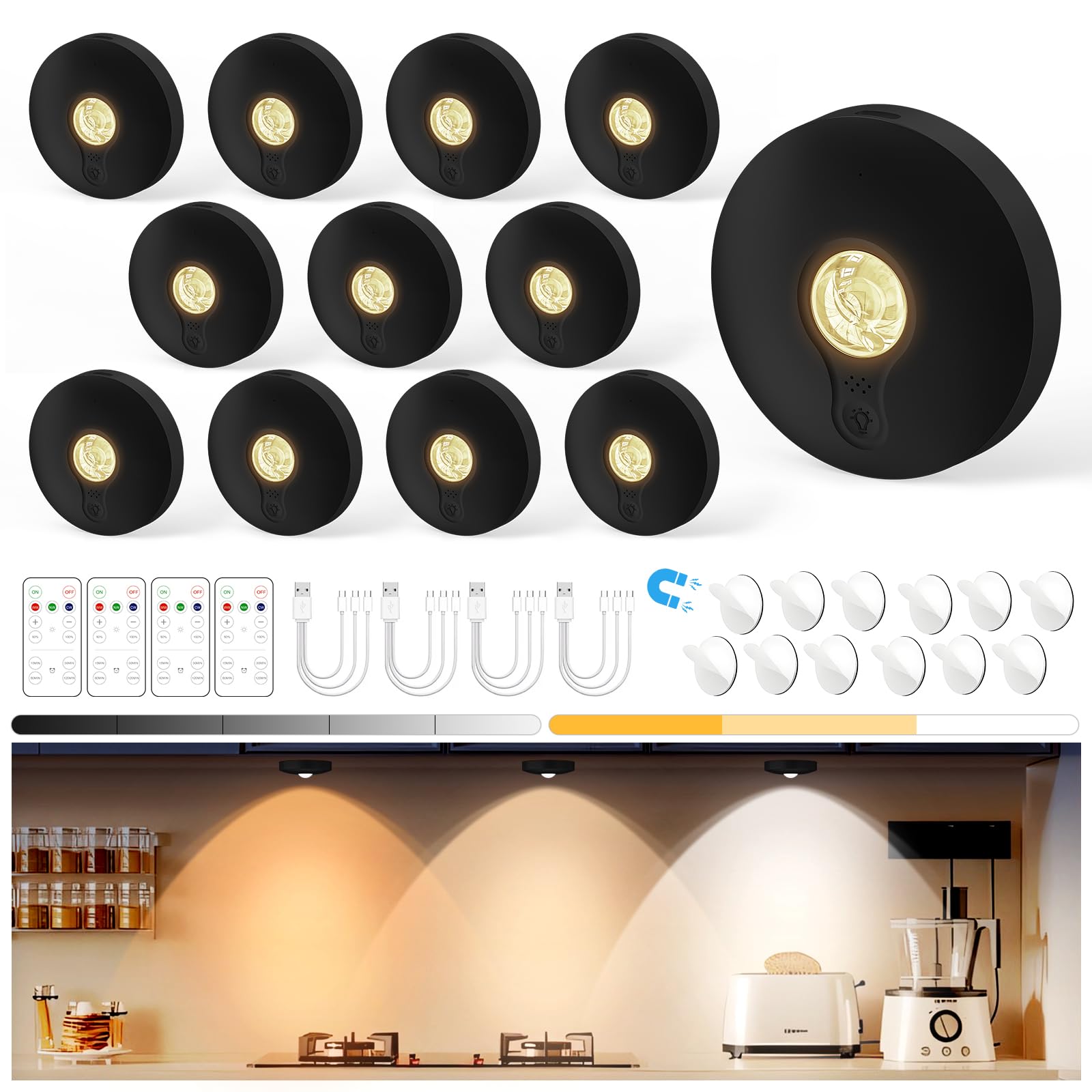 Yiliaw Rechargeable Puck Lights with Remote, 12 Pack Magnetic Under Cabinet Lighting, 1500mAh Battery Operated LED Tap Lights with Dimmer & Timmer for Kitchen, Closet, Shelf - 3 Color Temps, Black