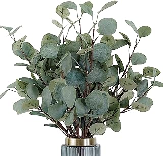 HinyoCo 6 Pcs 35 Inch Tall Stems Artificial Eucalyptus Leavesï¼ŒFaux Silver Dollar Eucalyptus Leaf Branches in Grey Green for Home Party Wedding Decoration