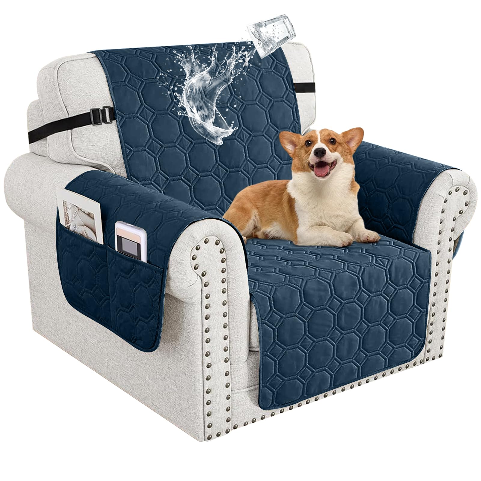 100% Waterproof Sofa Covers for Pets, Non Slip Sofa Slipcovers Couch Cover for Living Room Washable Pet Couch Cover with Elastic Straps Furniture Protector (Dark Blue,1 Seater)