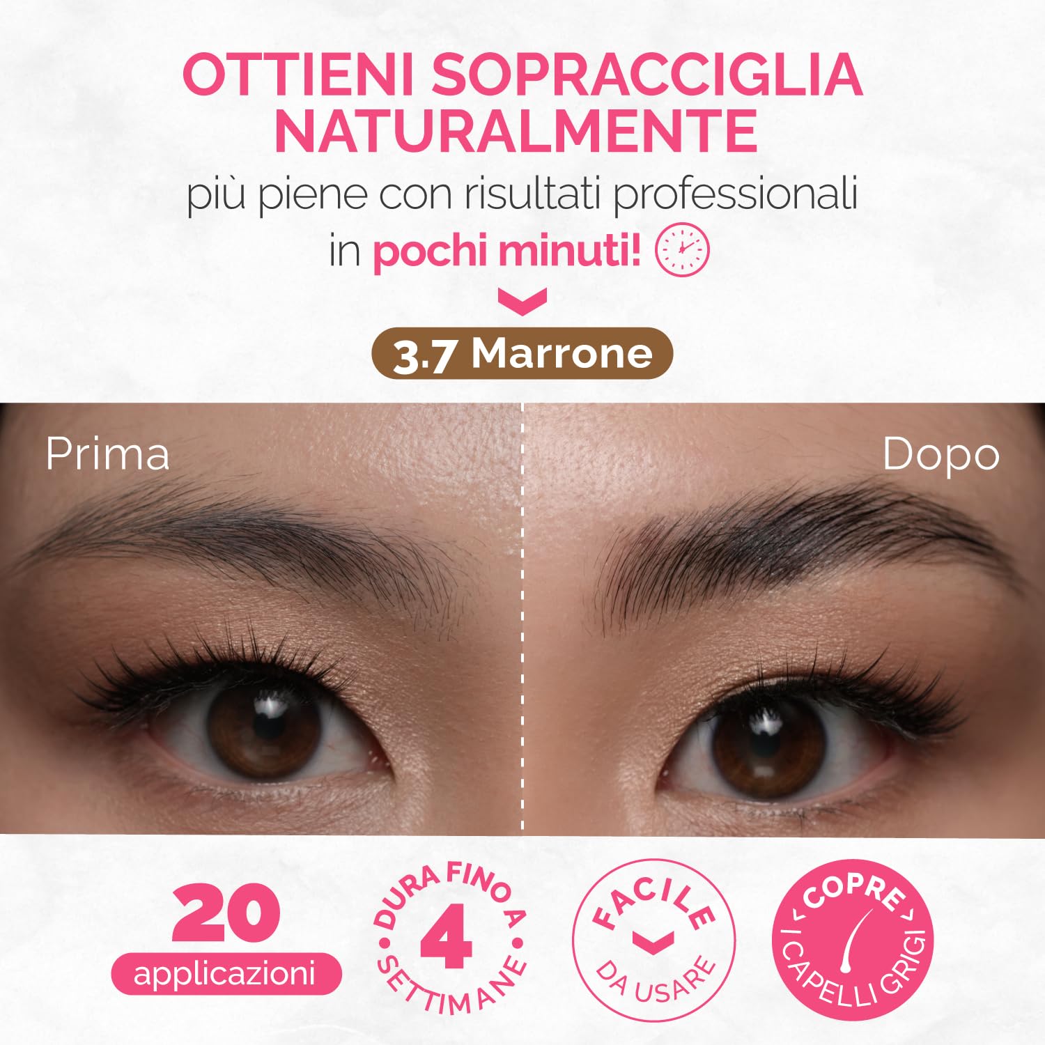 RENATA BEAUTY Kit Tinta Sopracciglia Semi-Permanente – Formula Delicata Senza PPD e Ammoniaca – Copre Peli Bianchi – Effetto Naturale Regolabile – Fino a 4 Settimane – 20 Applicazioni - Marrone