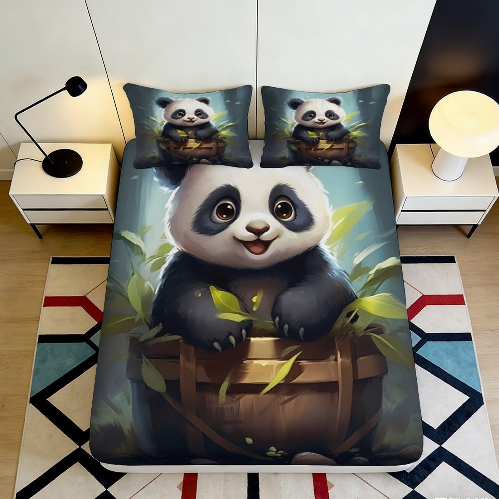 3D Printed Cute Panda Fitted Sheet Microfiber Soft Breathable Bamboo Forest Bed Cover for Bedroom Guest Room Decor 90x200x25cm