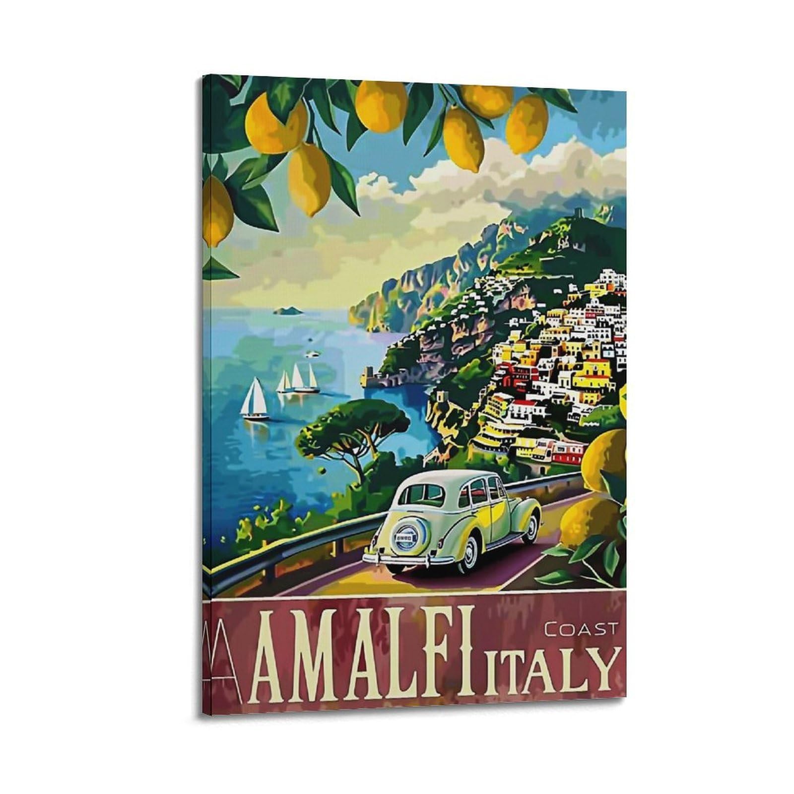 HUERYRYHY Amalfi Coast Italy Lemon Travel Poster Aesthetic Wall Art Painting Decor Vintage Canvas for Living Room Bed Room 16x24inch(40x60cm) Frame-style