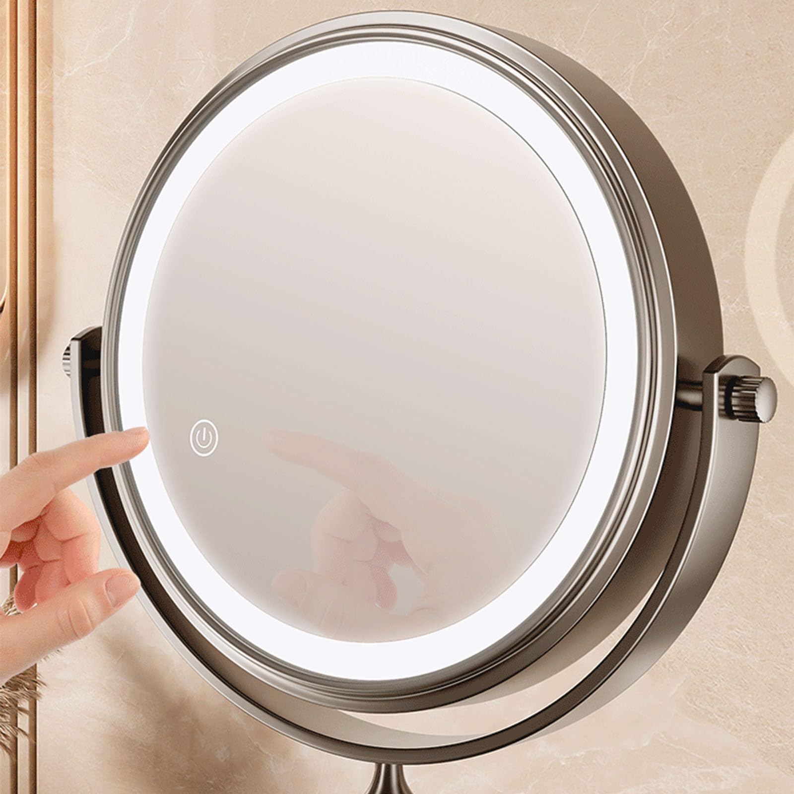 Specchio da trucco a parete con rotazione a 360 gradi e ingrandimento della luce a LED regolabile in lega di alluminio per uso quotidiano