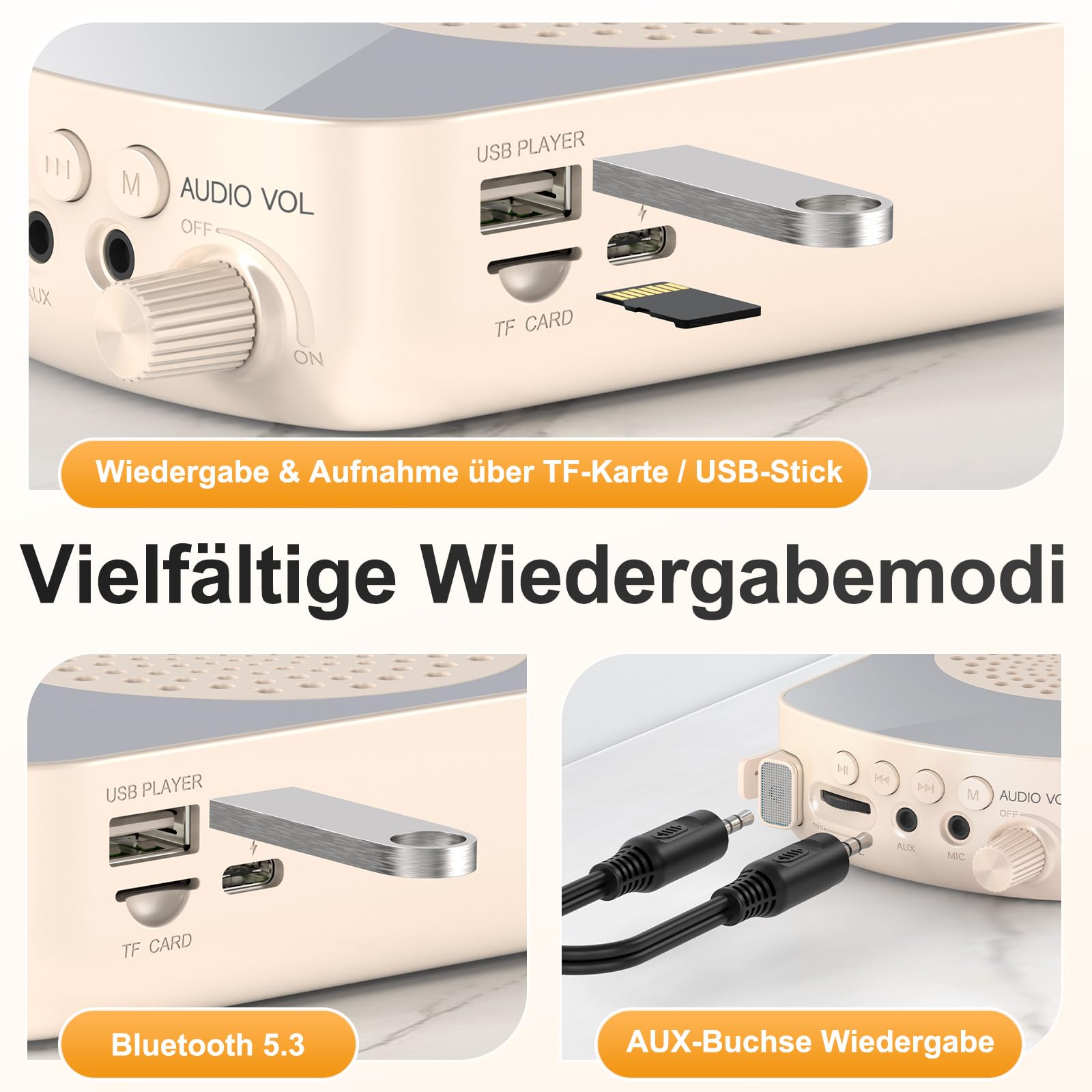 Mini amplificateur de voix sans fil avec microphone à revers - Haut-parleur portable avec étui de chargement et de rangement - Beige