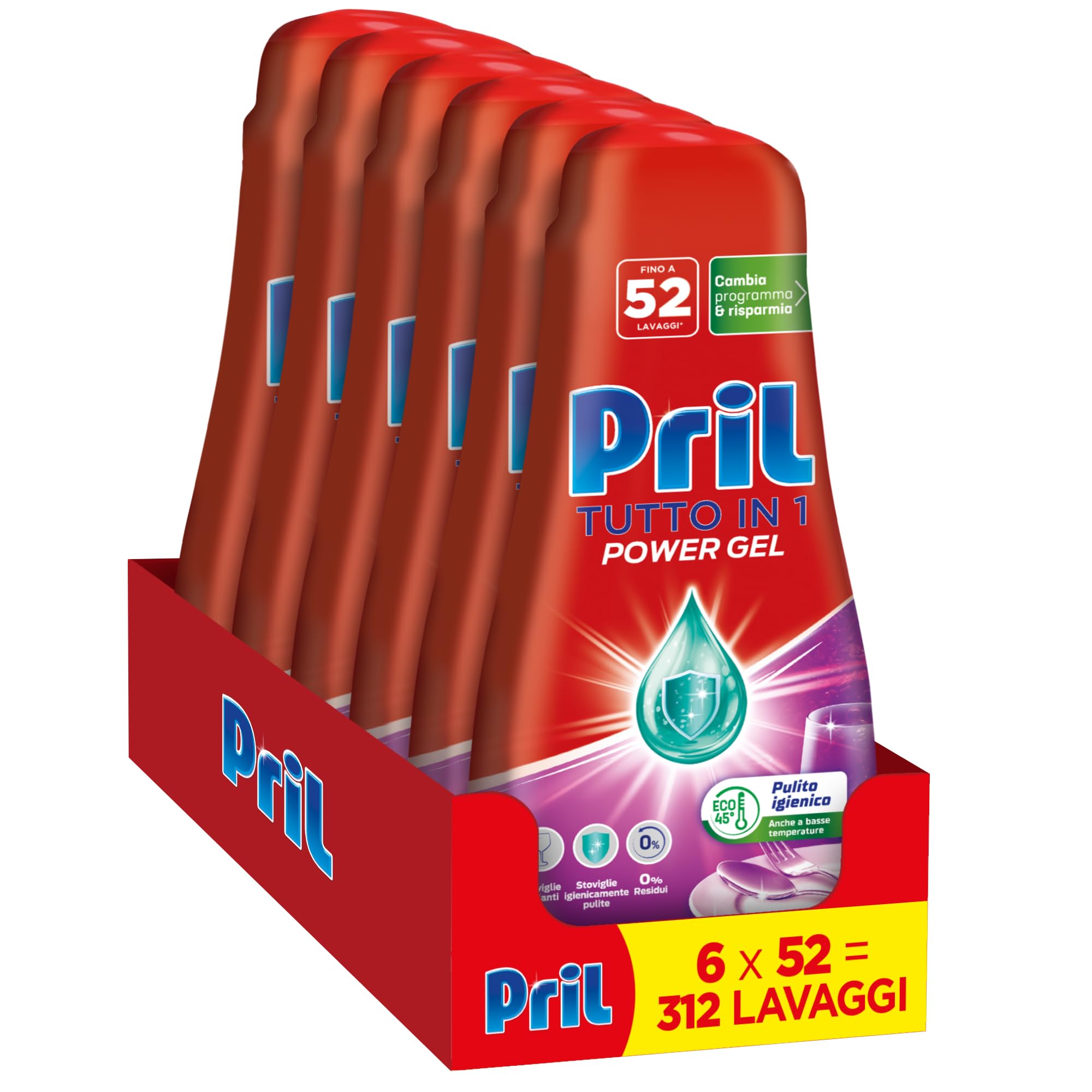 Pril Gel All in One Igiene, Detersivo Lavastoviglie Liquido con Bicarbonato, Multi-Azione Sporco Difficile, 6 Confezioni da 52 Lavaggi, 312 Lavaggi