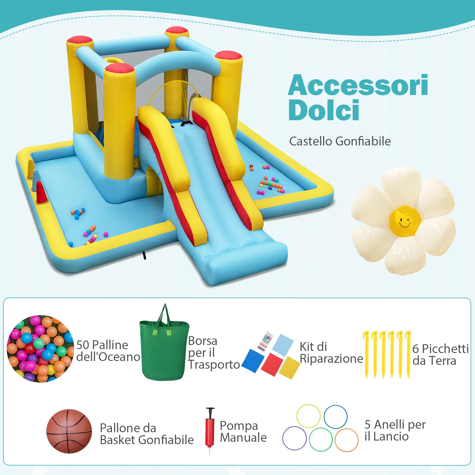 COSTWAY Castello Gonfiabile 7 in 1 per Bambini con Scivolo, Castello Gonfiabile con Mongolfiera, 50 Palline, Anelli e Basket, Gioco Gonfiabile da Interno ed Esterno, per Bambini da 3 a 10 Anni