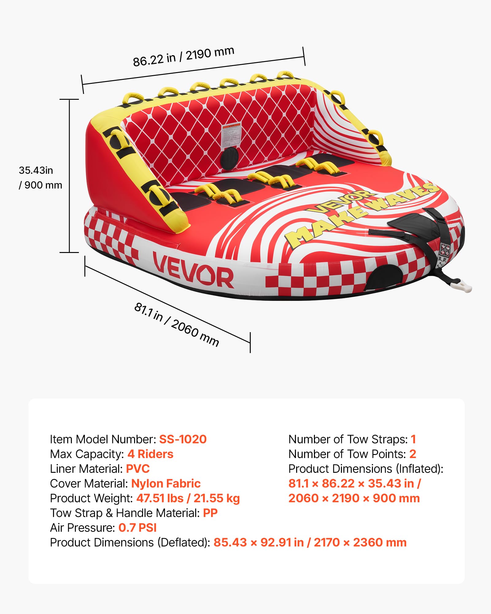 VEVOR Flotador de Arrastre Inflable 4 Personas 219x206 cm 308 kg para Deportes Acuáticos