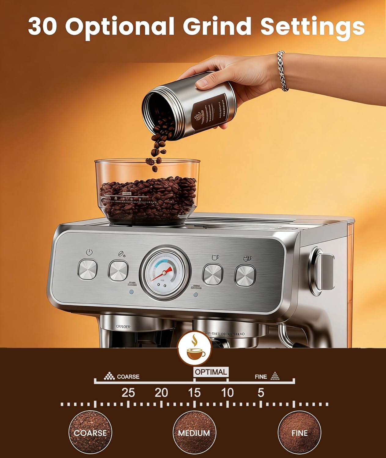 15 Bar Espresso Machine with Grinder & Milk Frother, 58mm Expresso Coffee machines, Stainless Steel Coffee Maker for Cappuccino and Latte, Perfect for Home and Café Use-Dual Boiler