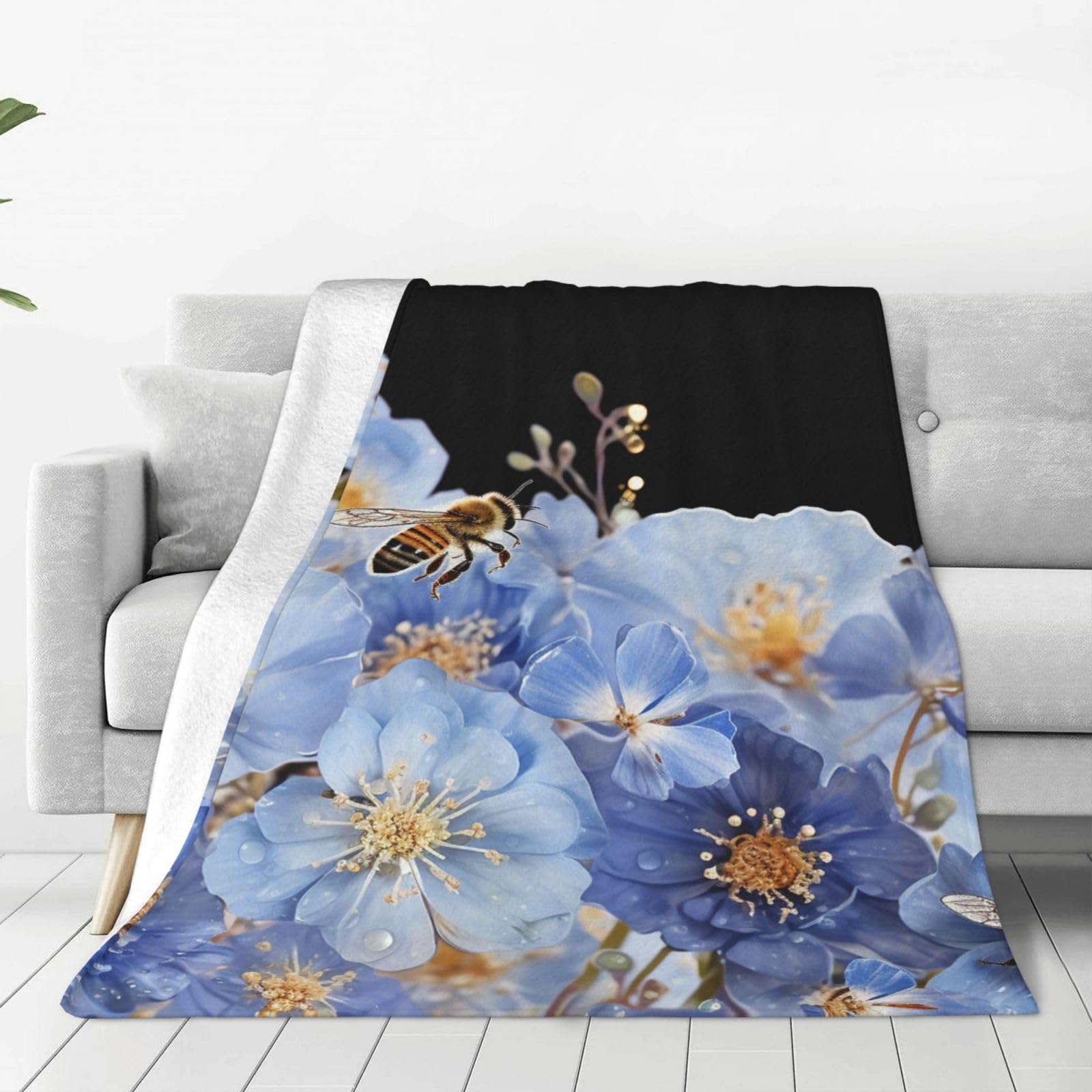 Blue Flowers and Bees Throw Blanket for Couch, Plush Fuzzy Soft Flannel Blankets and Throws for Sofa, 60"x50" Bed Blankets for Travel Camping Chair, All Season Warm Fleece Blanket