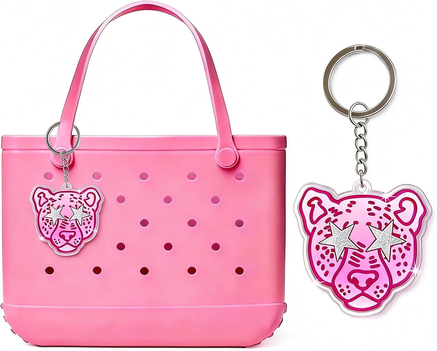 Pink Leopard Keychain with Star Eyes, Acrylic Charm, 1.89 Inches, Modern Gothic Theme image 3