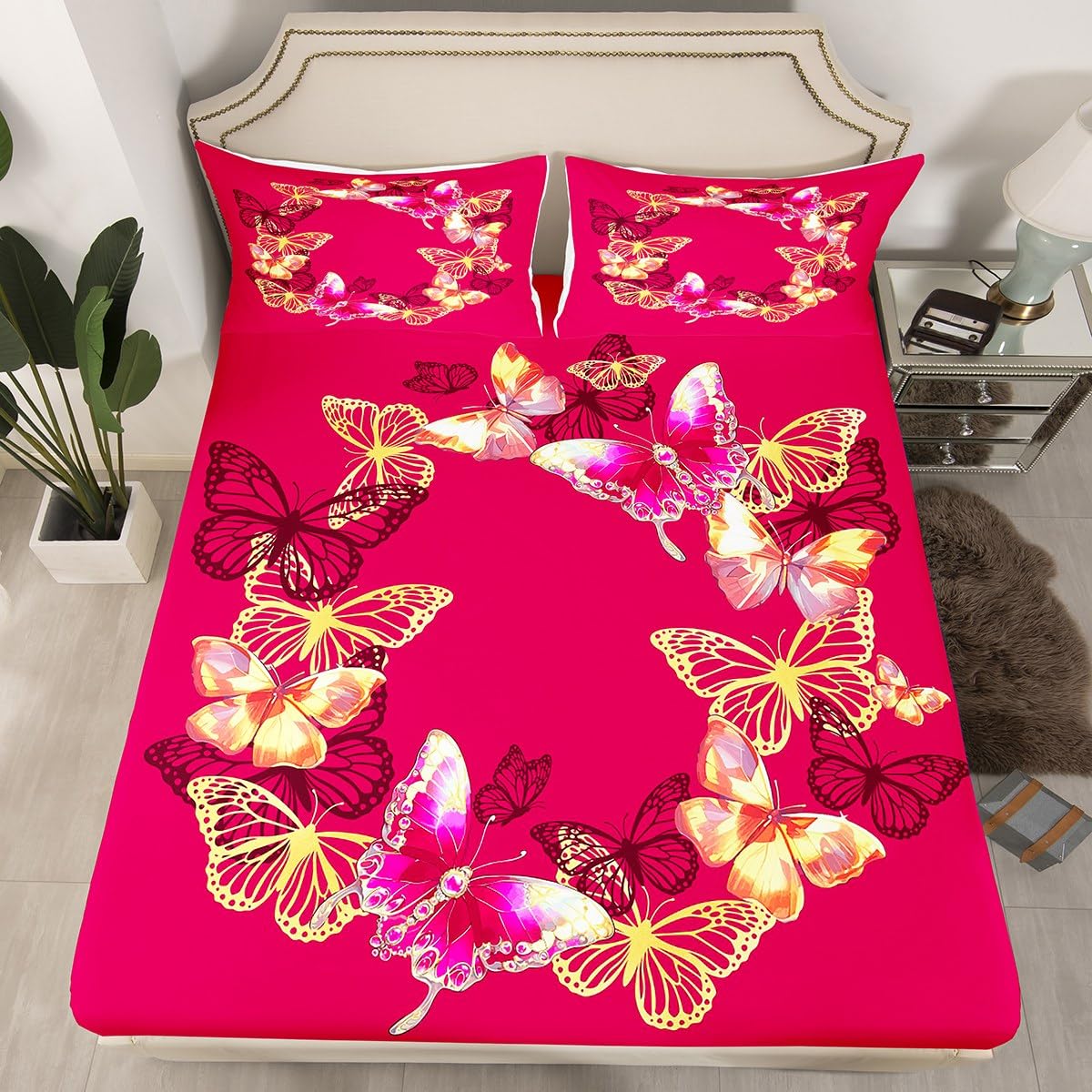 Manfei Butterfly Girls Fitted Sheet Double Size, Fashion Rose Red Bed Cover with 2 Pillowcases, Watercolor Butterflies Bedding Set for Kids Teens Adults Bedroom Decor, Soft Polyester Bedding