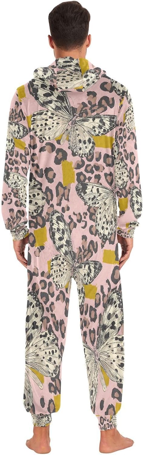 ALAZA Butterfly Leopard Cheetah Adult Onesie Pajamas Novelty One Piece Costume Sleepwear Jumpsuits Matching PJS
