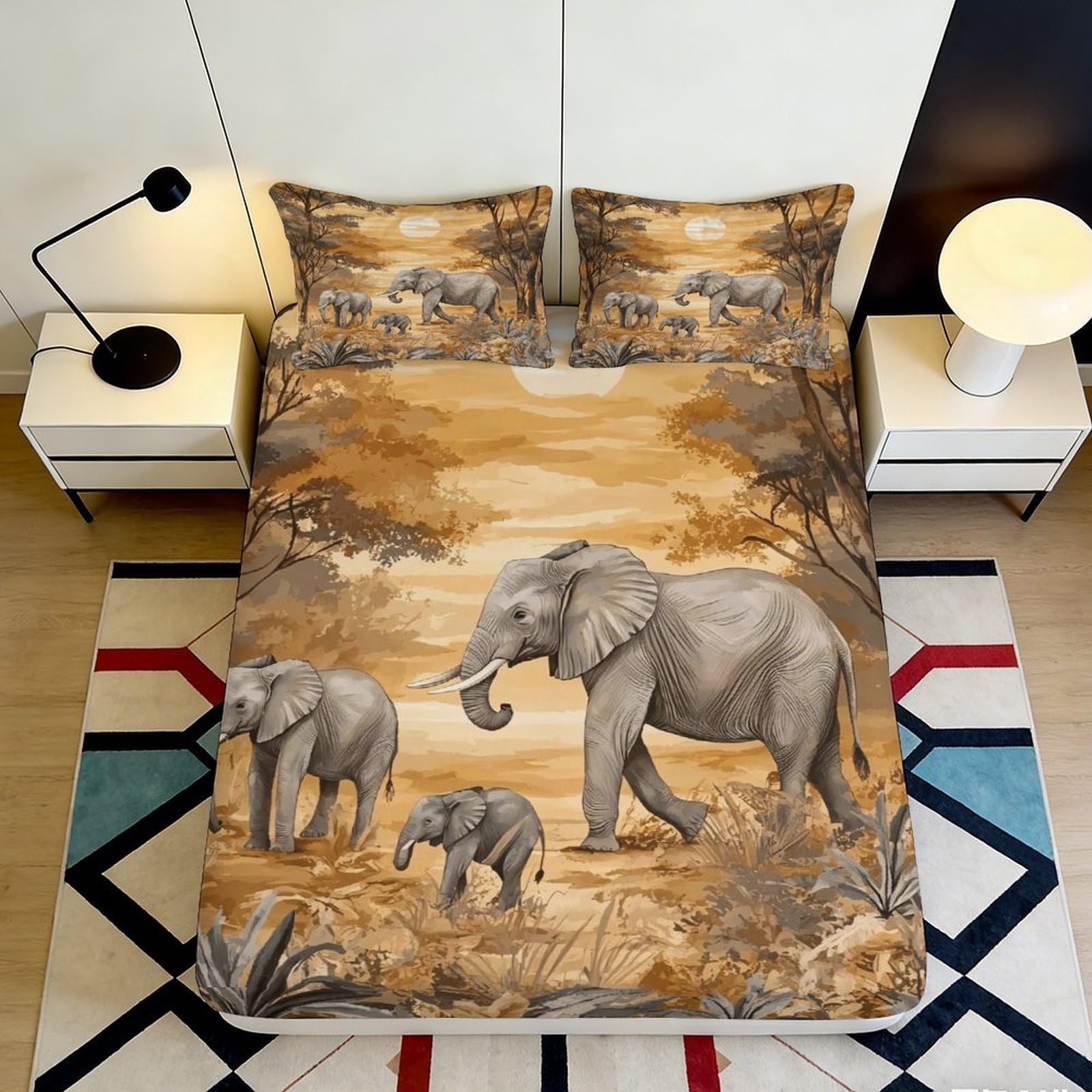 3D Printed Savannah Elephant Fitted Sheet Microfiber Soft Anti-Slip Jungle Family Bed Cover Bedroom Decor 90x200x25cm