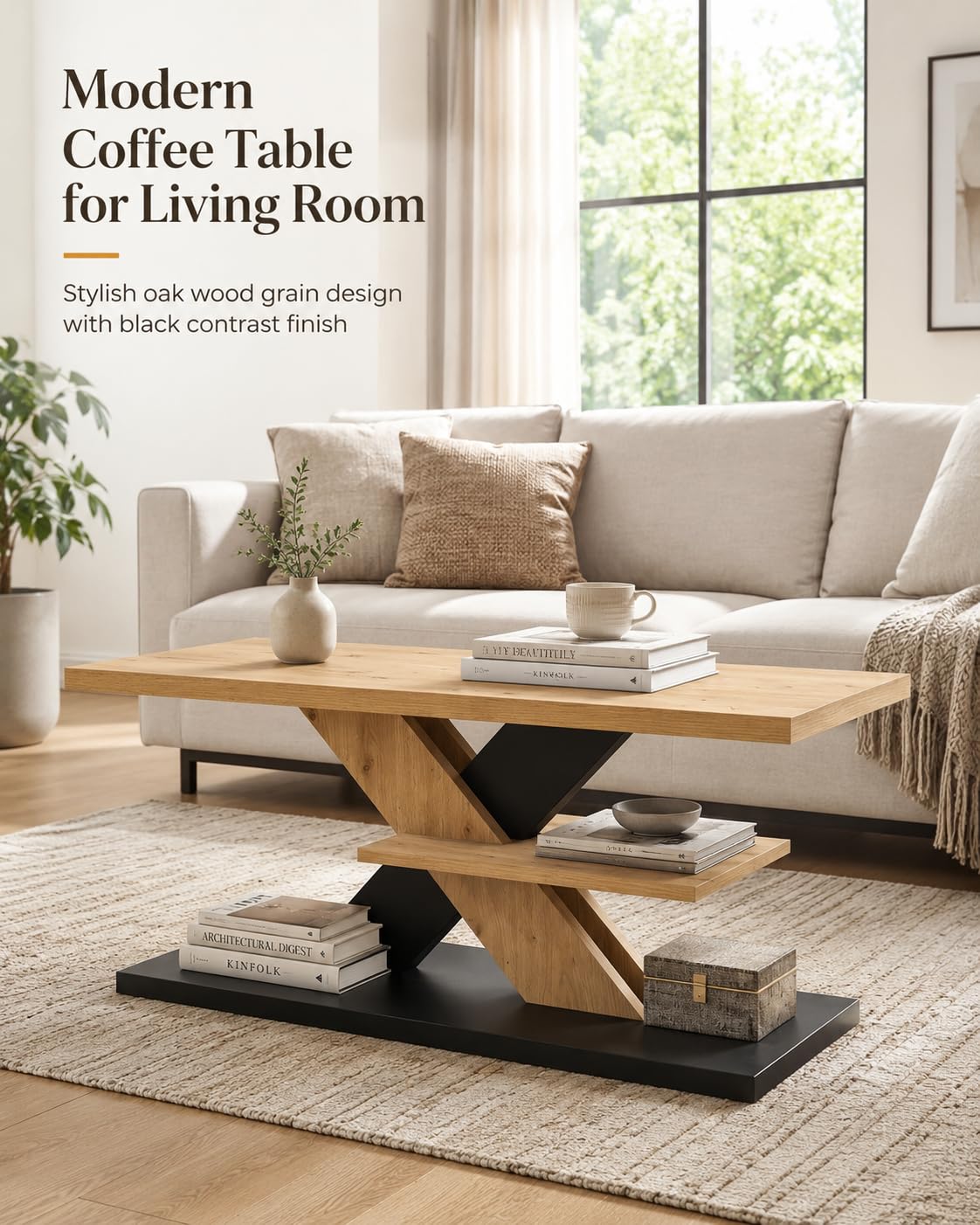 Mesa de centro de madera de roble negro, 100 x 50 x 45 cm, mesa de salón, rectangular, moderna, con estante, espacio de almacenamiento, diseño Z, mesa de salón para sofá