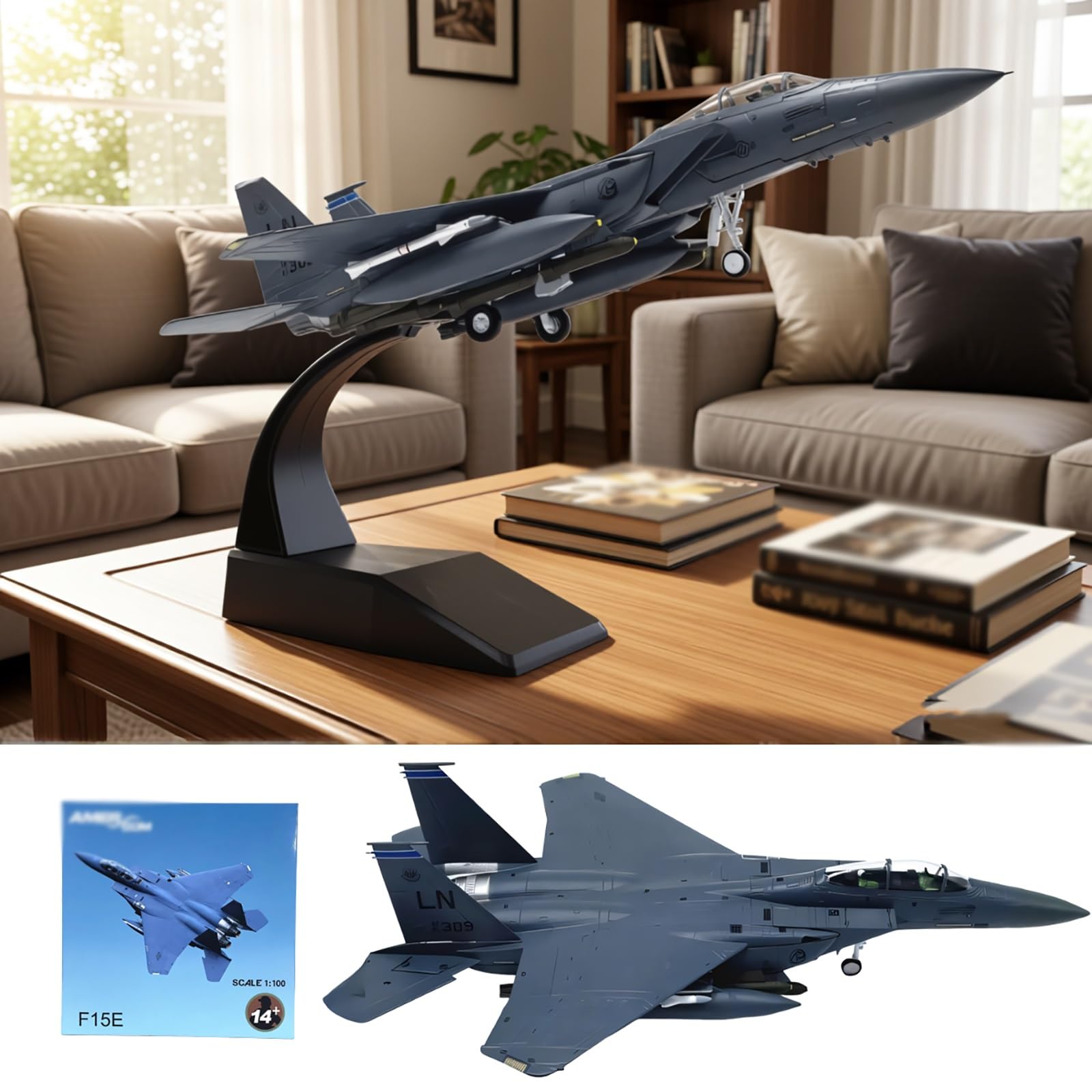 Modello di aereo da caccia F-15E in scala 1:100 in metallo pressofuso Aereo pesante preassemblato alta precisione con espositore, decorazioni for casa ufficio collezione