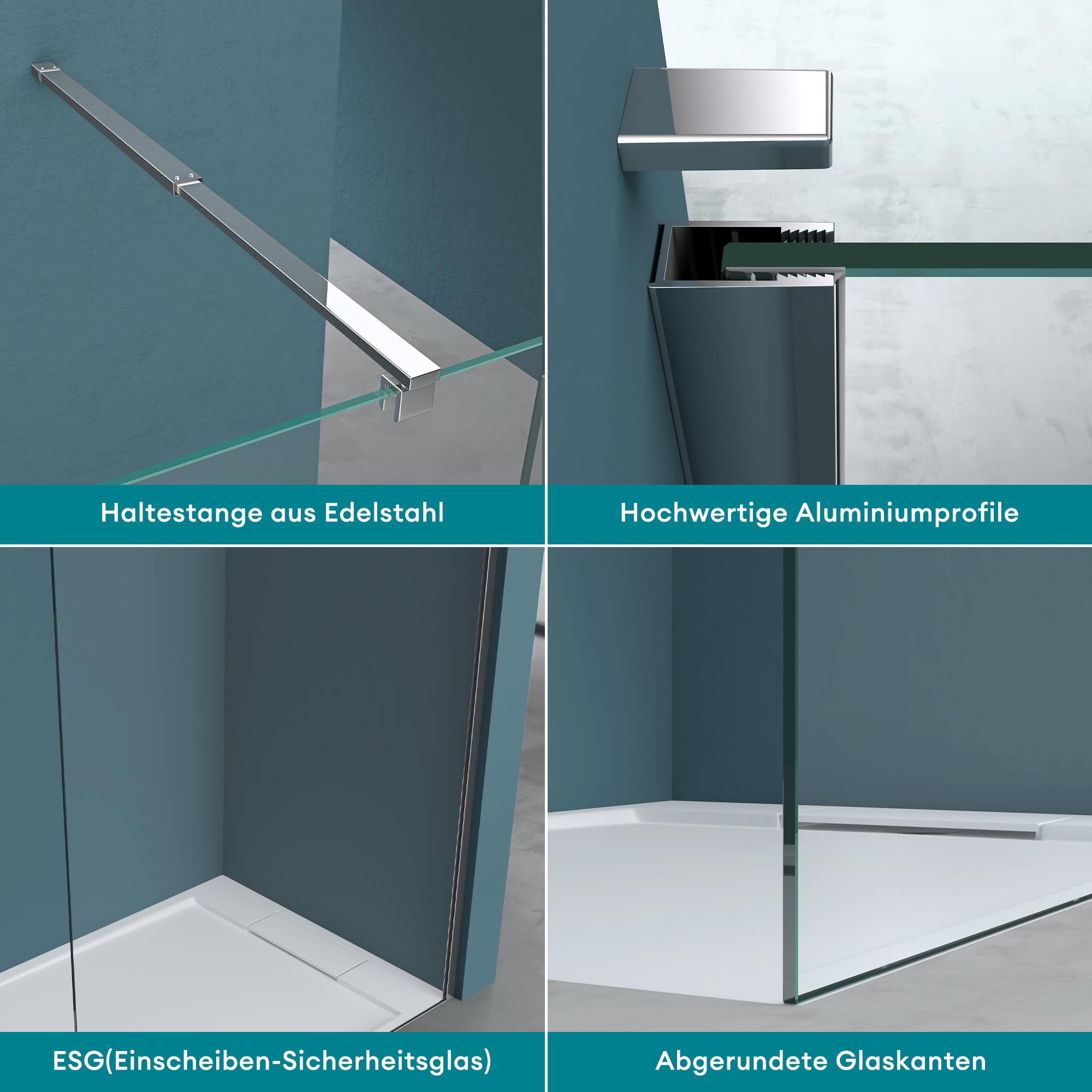 Mai & Mai Duschwand für Dusche Duschabtrennung 140x200cm Walk-In Dusche ESG-Sicherheitsglas 10mm NANO Glas BRAM3 Bremen2K
