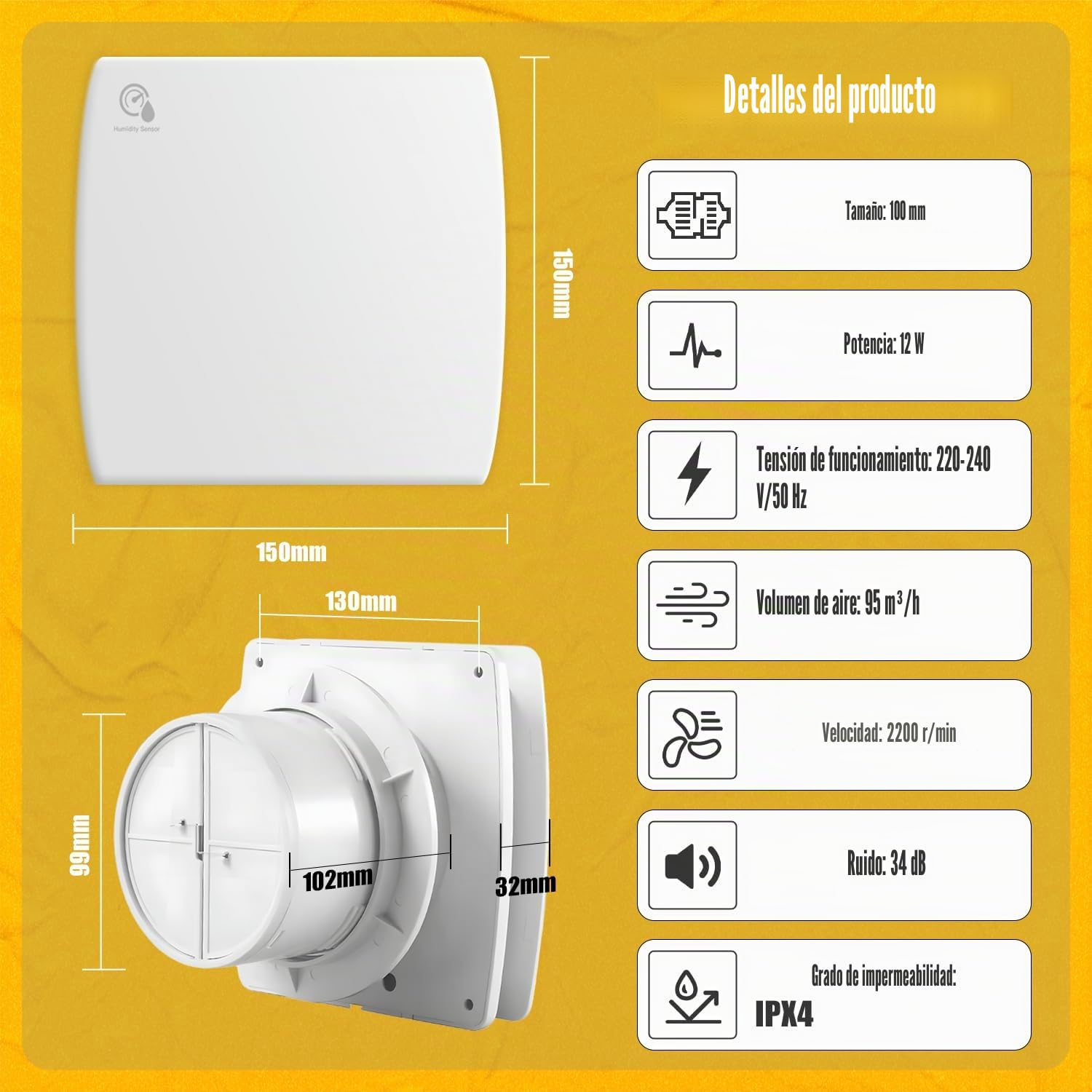 100 mm Ventilador Extractor de Baño con Sensor de Humedad & Temporizador, 95 m³/h Ventilador de Baño con Válvula Antirretorno,12W Ventilador Silencioso ≤34 dB para Cocina Baño