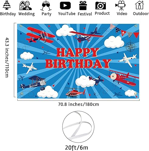 Miniatura 4 de Avezano Telón de fondo de feliz cumpleaños de avión para niños, decoración de fiesta de cumpleaños de avión, pancarta temática de moscas de cielo