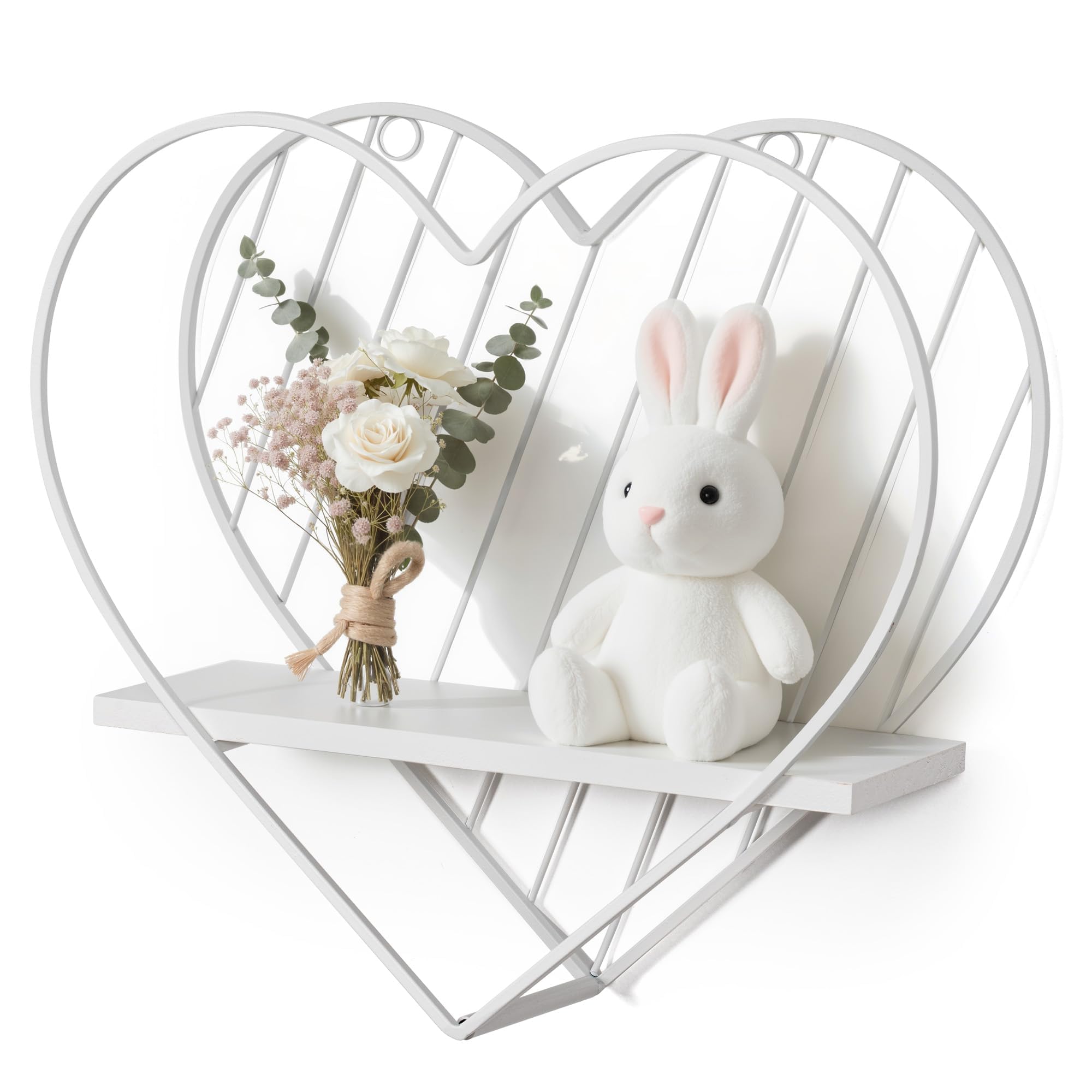 Afuly Heart Floating Shelves for Wall with Solid Pine Wood and Metal Wire, Wooden Wall Shelves, Small Wall Mounted Shelf, Shelves for Bathroom, Bedroom, Living Room, Nursey and More, White โ image 1