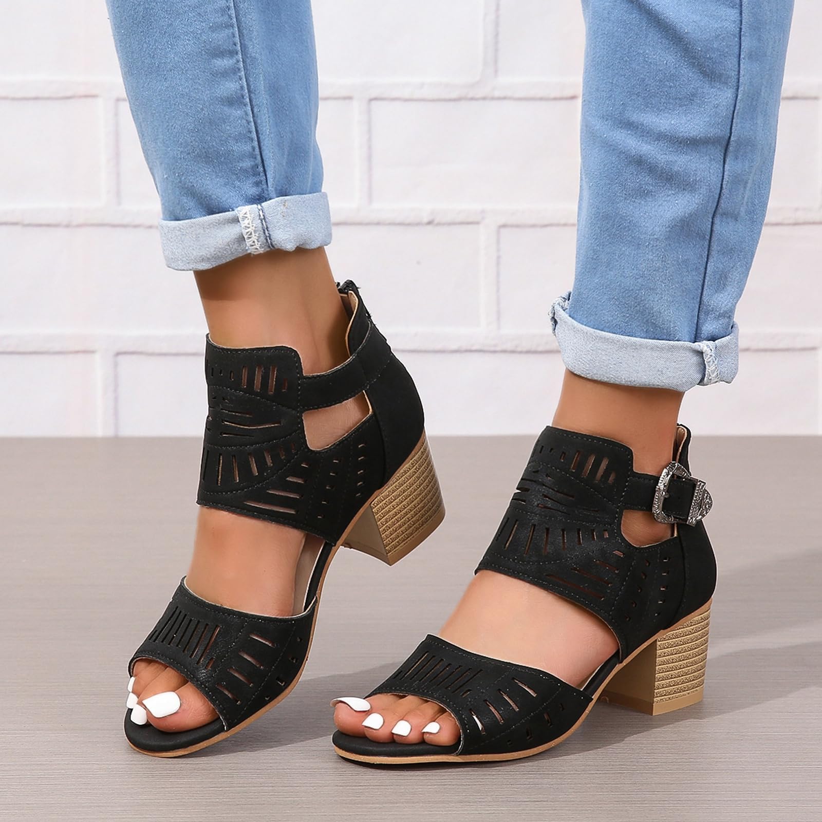 NIGXWNS Peep Toe Heeled Sandals for Women Fashion Chunky Heel Booties Summer Cutout Dressy Sandals with Ankle Strap Buckle
