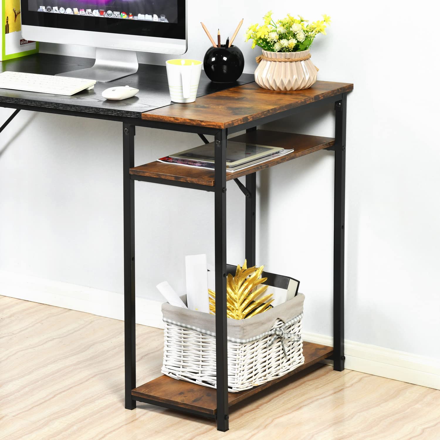 FurnitureR Table de Dessin Moderne, 120 x 60cm, Etagères Latérales Pratiques-2 Niveaux Réglage en Hauteur, Structure Solide, Plateau Patchwork en Rétro Marron et Noir, Loisirs Créatifs ou Bureau