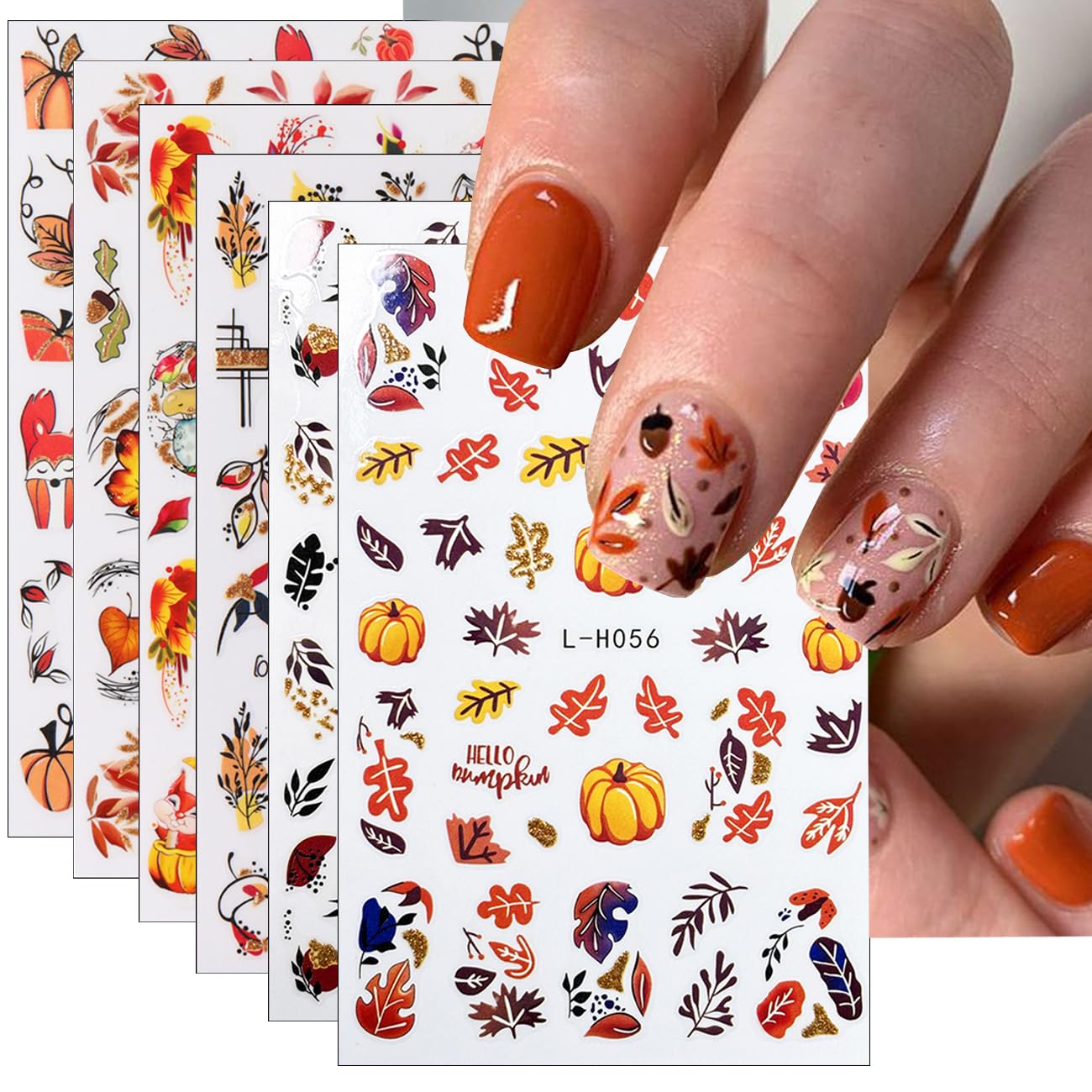 6Sheets Fall Thanksgiving Nail Stickers, 3D Maple Leaf Adhesive Decals, Autumn Leaves Supplies, Cute Squirrel Pumpkin Black Leaf Glitter Design,