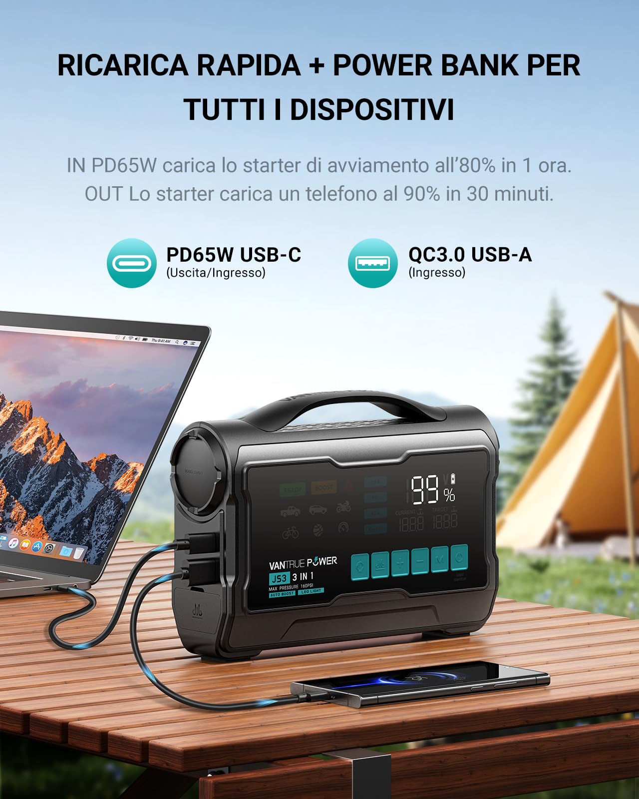 JS3 3250A Avviatore con Compressore d'Aria 160 PSI, Booster per Batteria Auto 12V con Display da 9", Power Bank con Ricarica Rapida 65W, Luce LED 400 Lumen – per Motori Benzina 10 L/Diesel 8 L