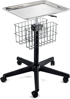 Pneumatic Stainless Steel Instrument Tray on Wheels - Pneumatic Height Adjustable Styling Cart with Organizer - Stainless Steel Aesthetician Cart, Tattoo Tray Table, Medical Tray on Wheels