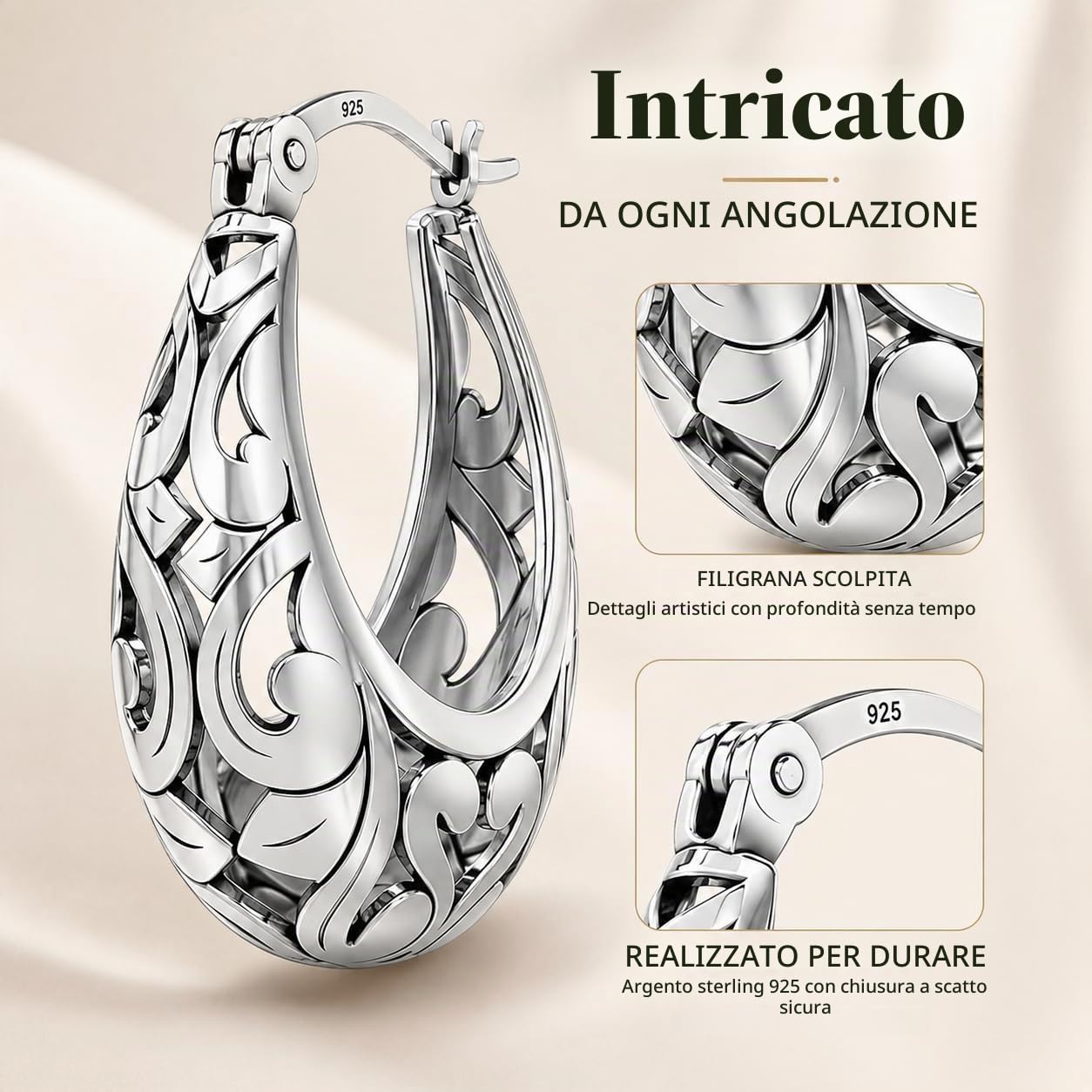 LeCalla Orecchini a cerchio in argento 925 | Orecchini a cerchio in filigrana di ispirazione italiana | Orecchini a cerchio in filigrana antichi per donna