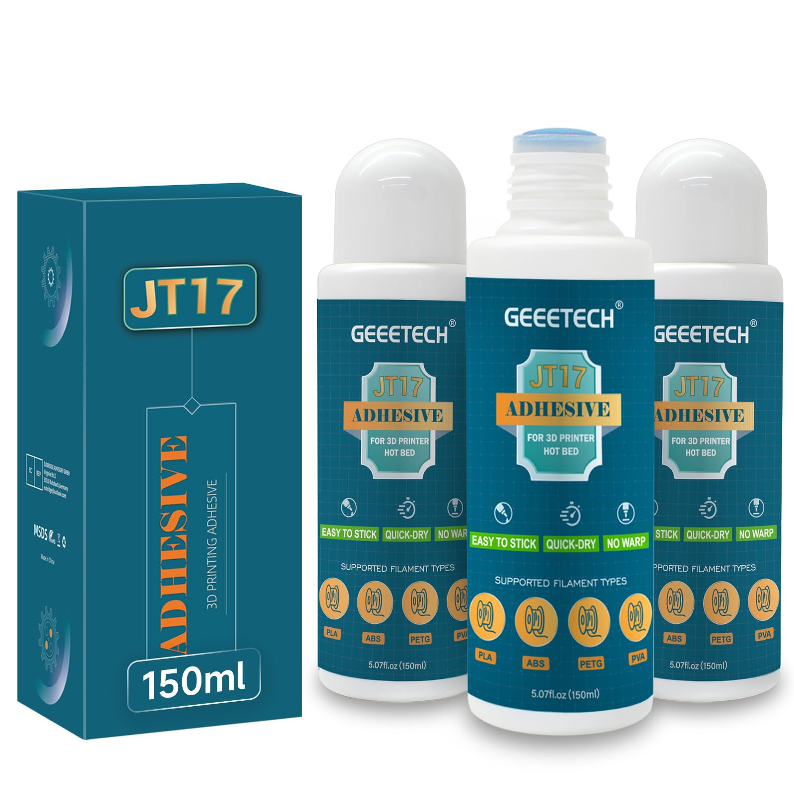 DERUC Colla per stampante 3D, JT17, 150 ml, confezione da 3, perfetta adesione della stampante 3D, formula solubile in acqua, colla per stampa 3D, compatibile con PLA, ABS, filamento PETG
