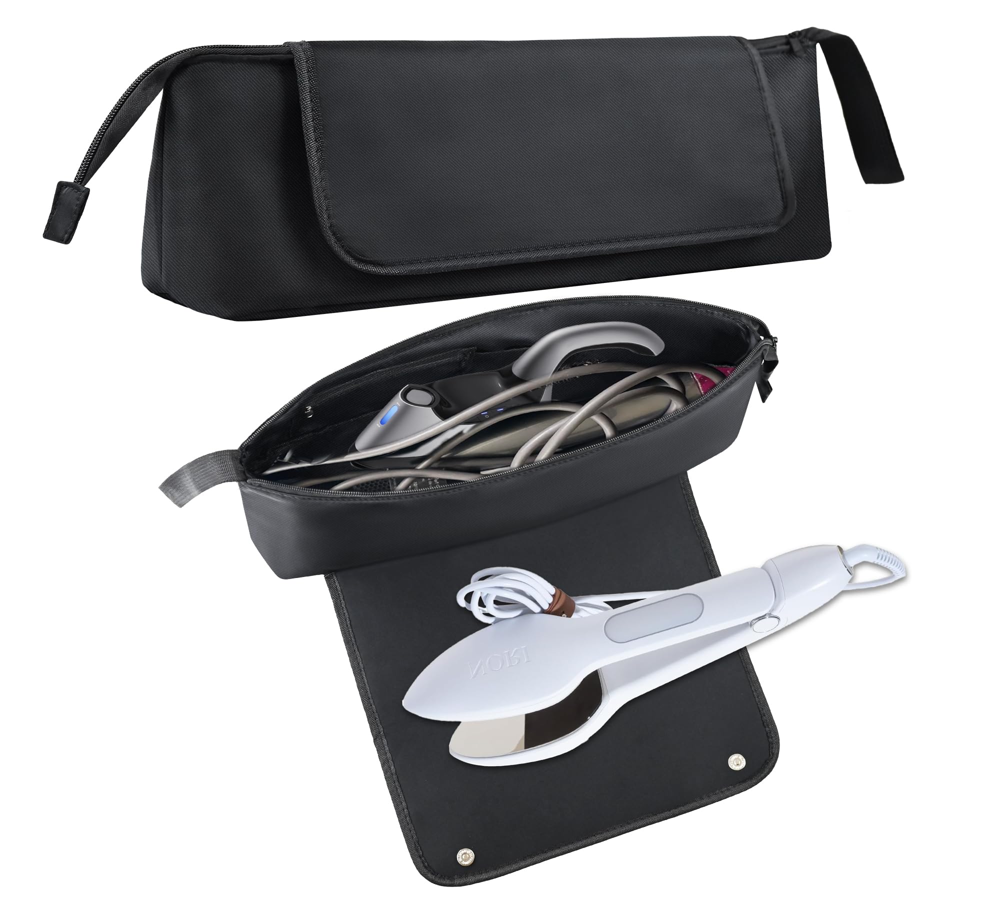 Bolsa de vapor portátil y tapete resistente al calor para plancha de vapor de viaje NORI Press Bolsa de transporte de viaje para plancha de mano Diseño 2 en 1 Estuche organizador para vaporizador de mano Solo se adapta al estuche de viaje Negro