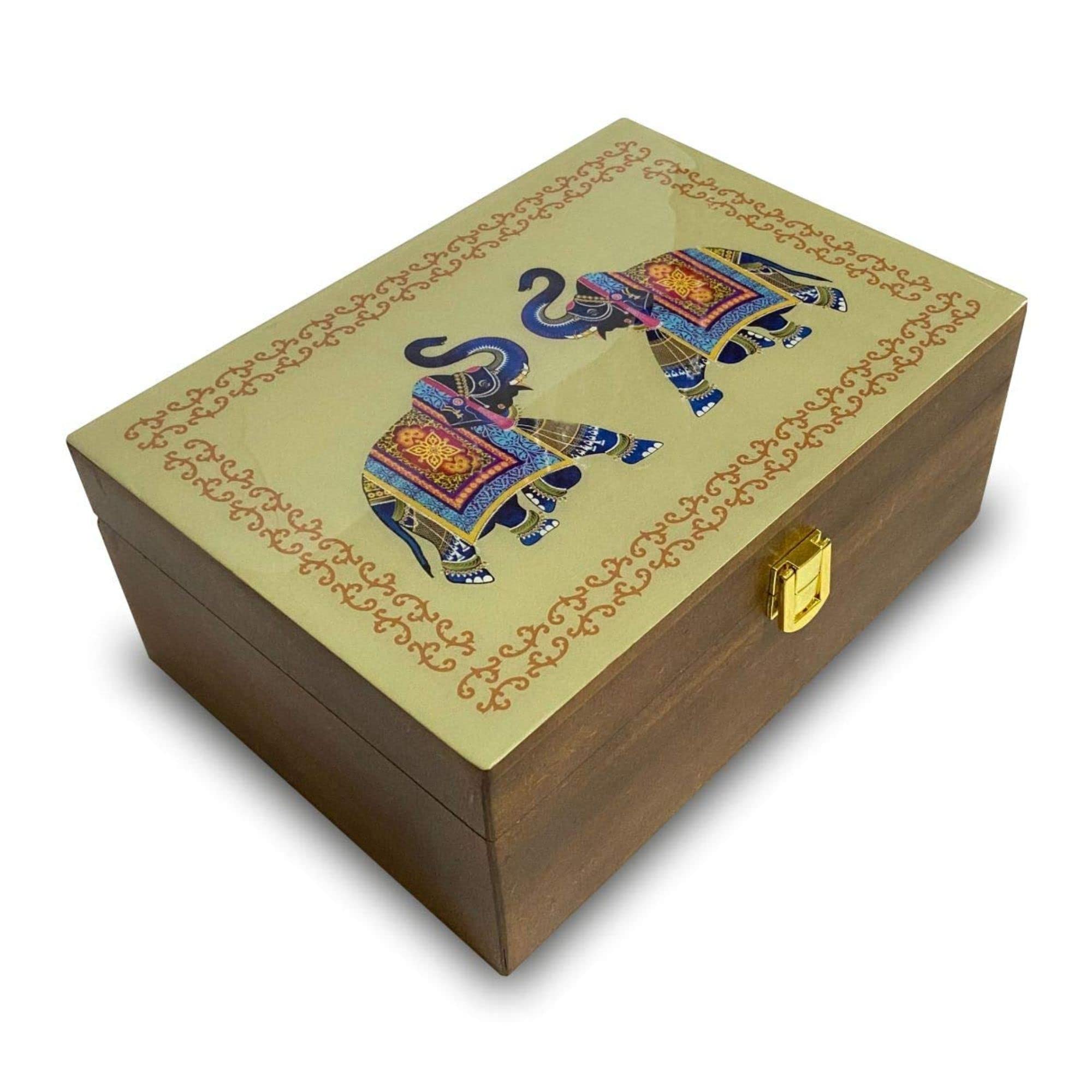 Assortment of Fine Black & Green Teas in Handcrafted Wooden Gift Set for Christmas and New Year Box with Traditional Indian Elephant Pattern On The Lid - 90 Teabags