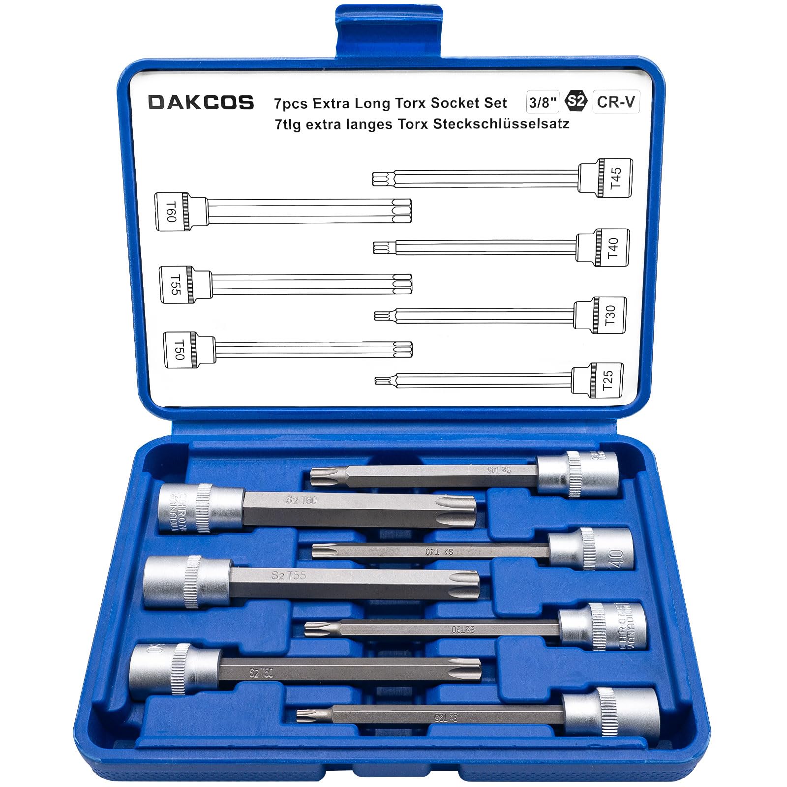 Dakcos 3/8" Drive Long Torx Bits Socket Set, 7Pcs Star Bit Socket Set, T25 T30 T40 T45 T50 T55 T60, Cr-V Sockets And S2 Bit