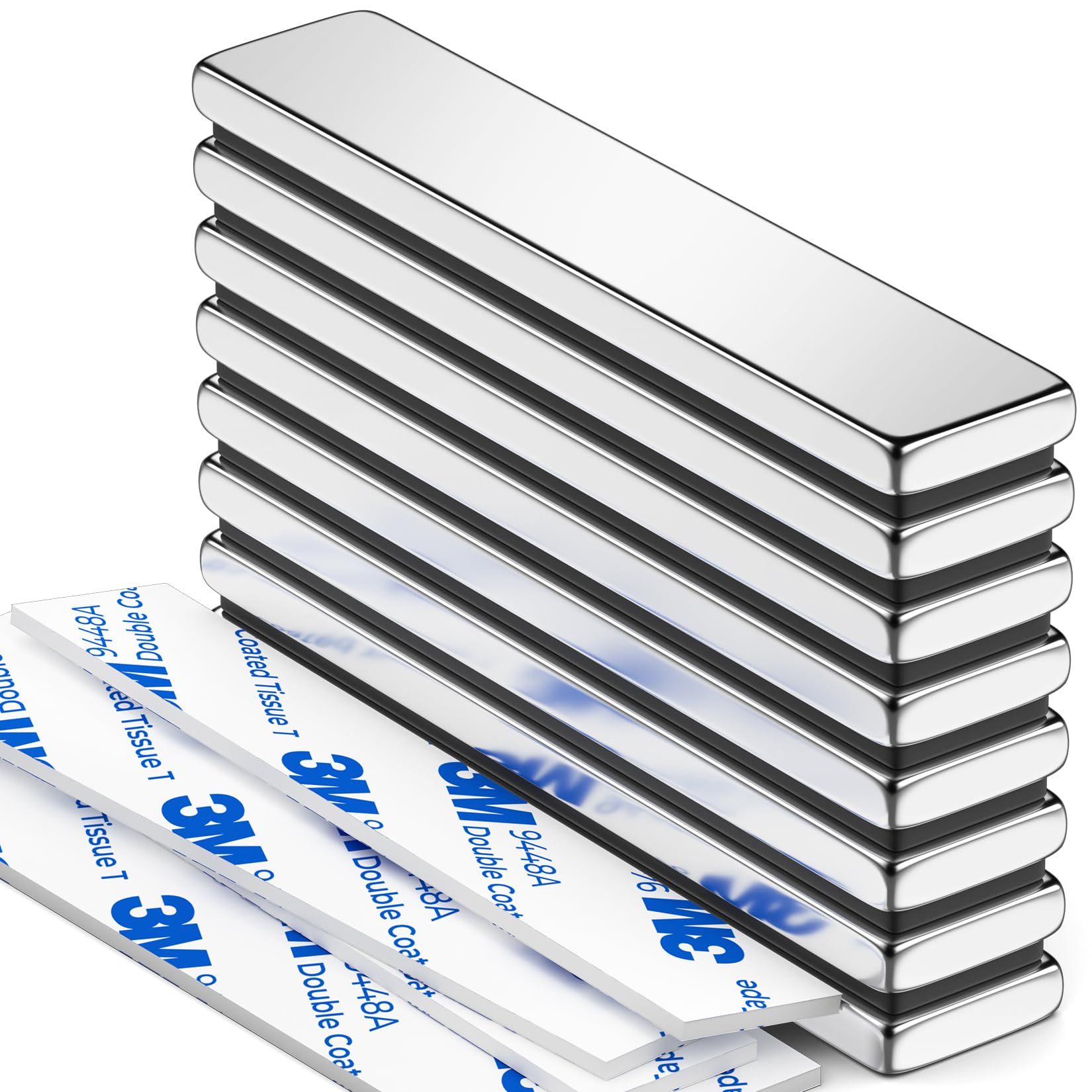 Grtard 8Pack Magnets Bar, Neodymium Magnet Strips Heavy Duty, Rare Earth Magnets with Double-Sided Adhesive for Fridge, Garage, Kitchen, Science, Craft, Office, DIY - 60 x 10 x 3 mm