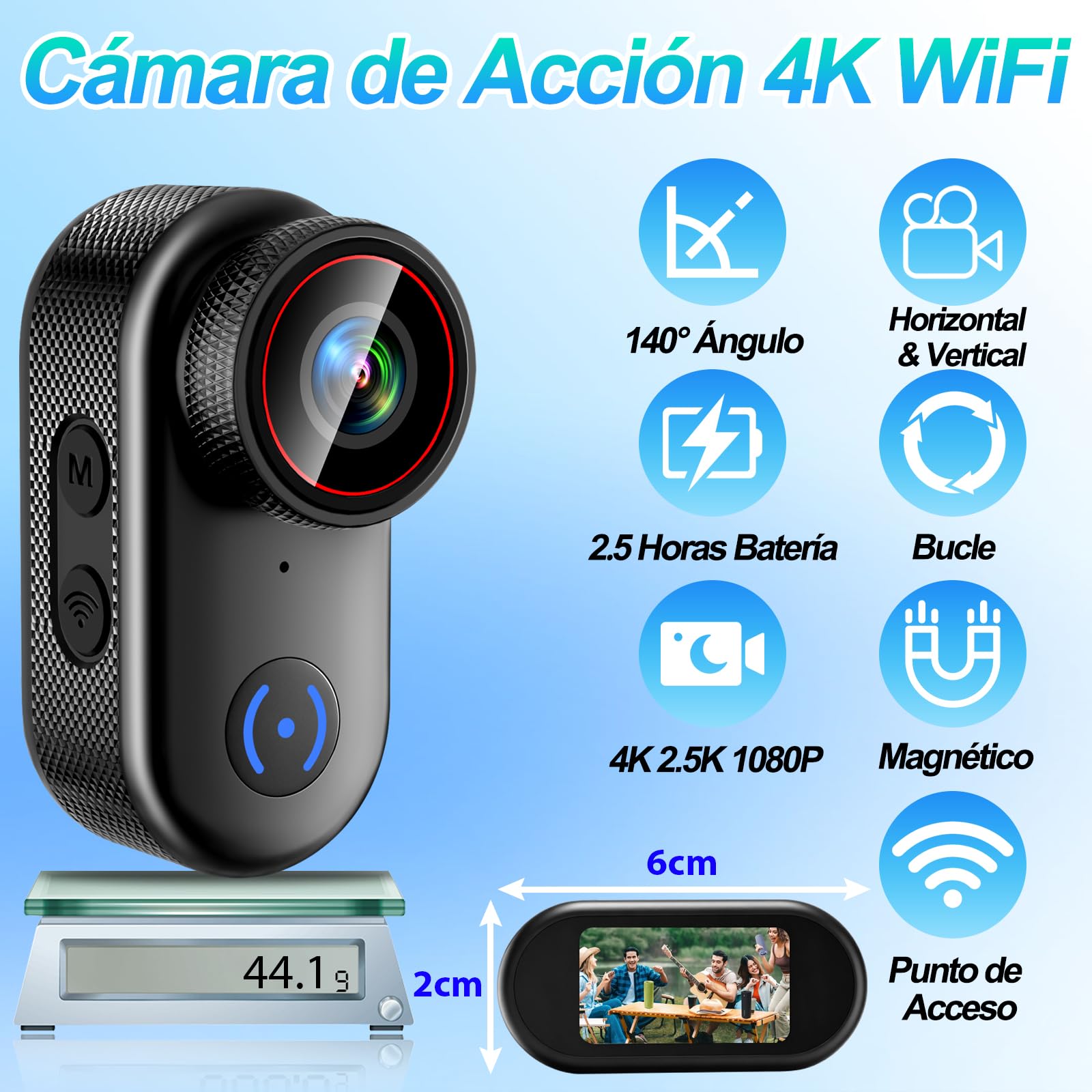 Cámara Moto 4K WiFi 140° Gran Angular IP65, Mini Bodycam Magnética | 44g, 2,5h batería, 256GB SD, pantalla 1,47", soportes magnéticos, grabación en bucle