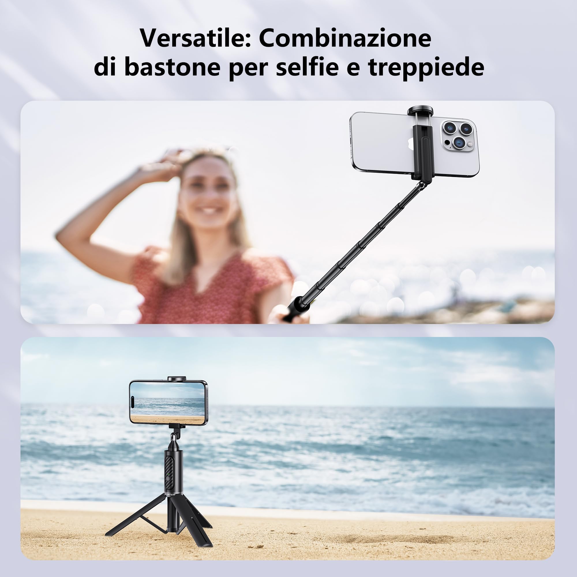 ATUMTEK Selfie Stick Treppiede, Treppiede 3-in-1 Estensibile in Alluminio con Telecomando Bluetooth Wireless, Compatibile con iPhone 17/16/15/14/13/12 mini/11 Pro e Smartphone/Telefono Samsung, Nero