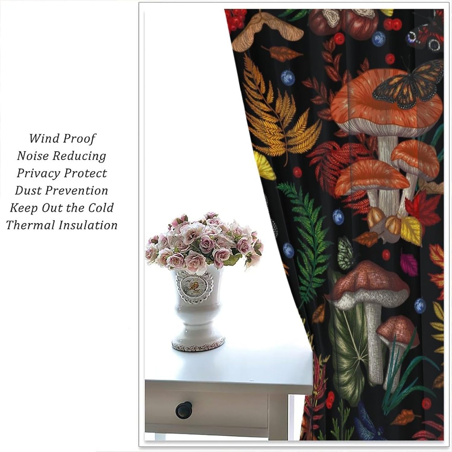 Nature Mushroom Blackout Curtain Retro Floral Plant Forest Boho Sunlight Filtering Drapes Rod Pocket Home Decor Office Bedroom Living Room Kitchen Dining Room Cafe 42x45 in
