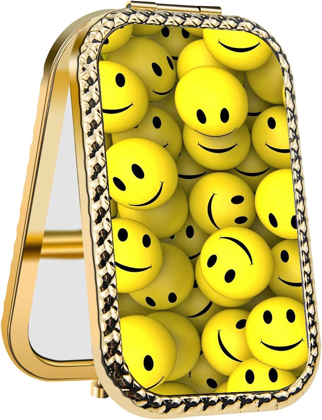Specialized Design Rectangle Golden Happy Face Emoji Portable makeup mirror, Travel Compact Portable Pocket Folding Makeup Vanity Cosmetic Mirror for Women