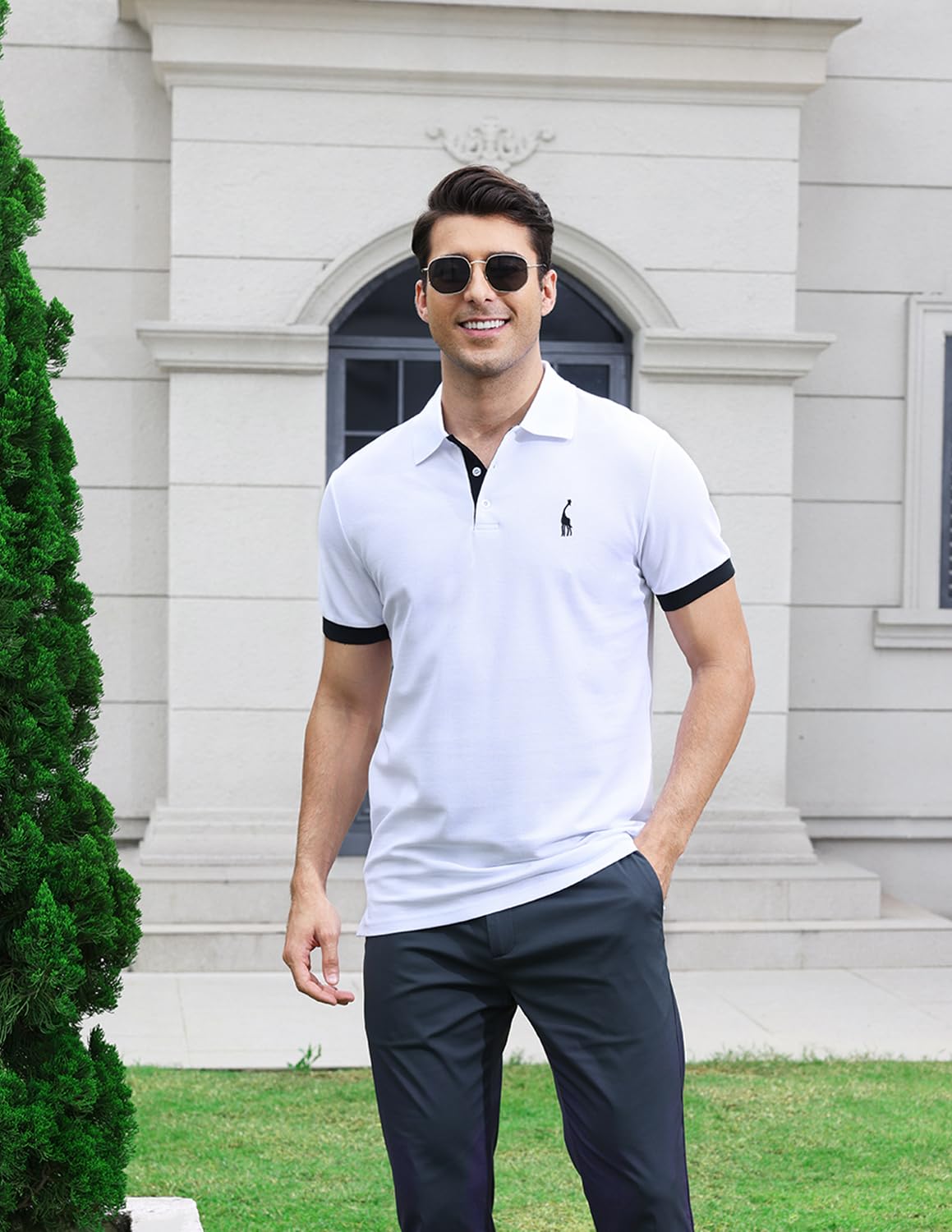 VMSUCIJ Polo Uomo Manica Corta in Cotone Giraffe Embroidery Classic Polo Neck Golf Shirt