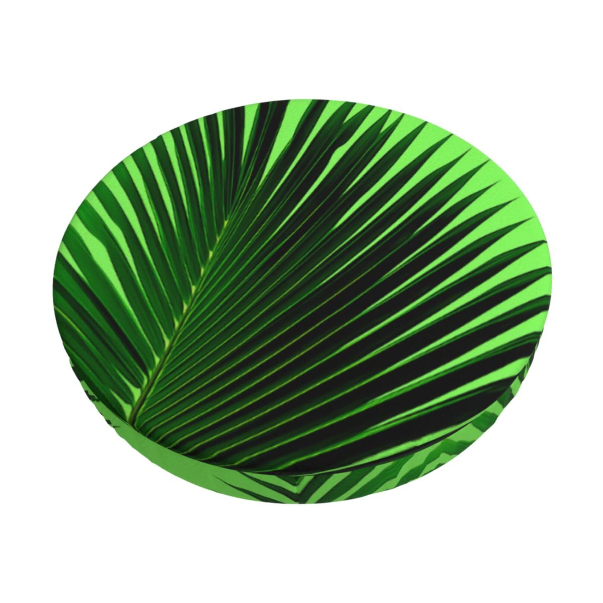 Velvet Round Stool Covers, 3 Layers Round Stool Cushion Slipcover with Thin Pad, Lime Green Palm Leaf Bar Stool Covers Round Washable Circle Bar Stool Covers Fit for Stool of Dia 12-14"