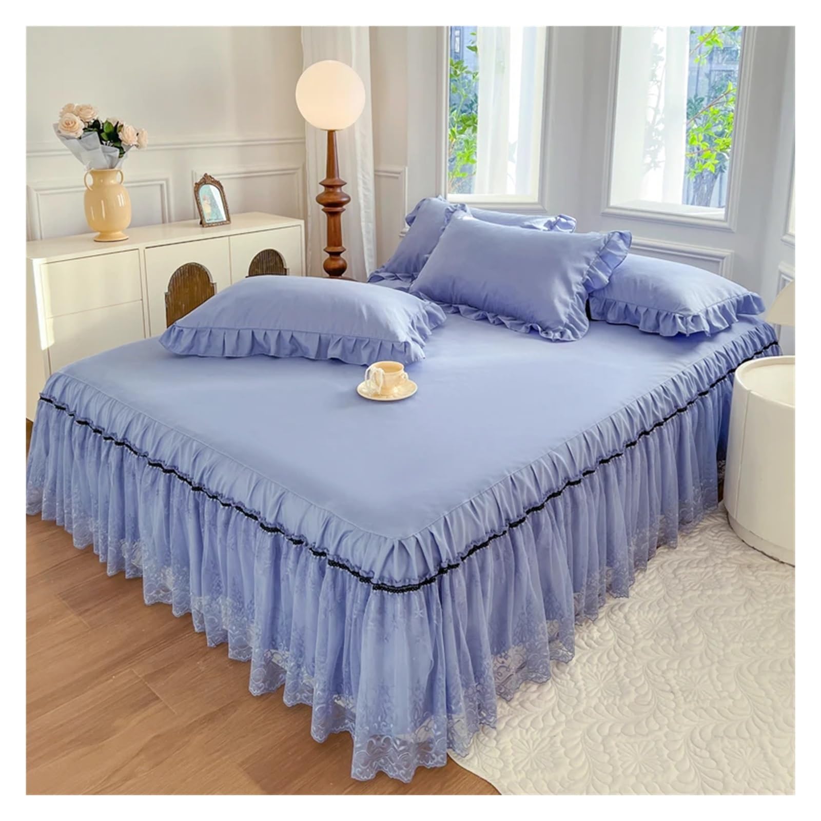 Lace Bed Skirt With Pillowcases Bedding Bedspreads Sheet Solid Color Lace Bedding Set(03,150x200cm 3pcs)